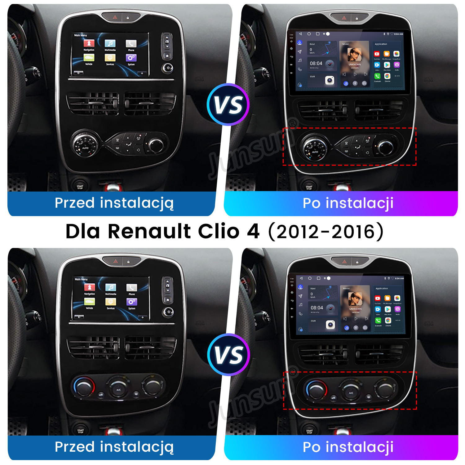 Porównanie deski rozdzielczej samochodu przed i po instalacji nowego ekranu. Wyświetla nawigację, multimedia, telefon i opcje systemowe.