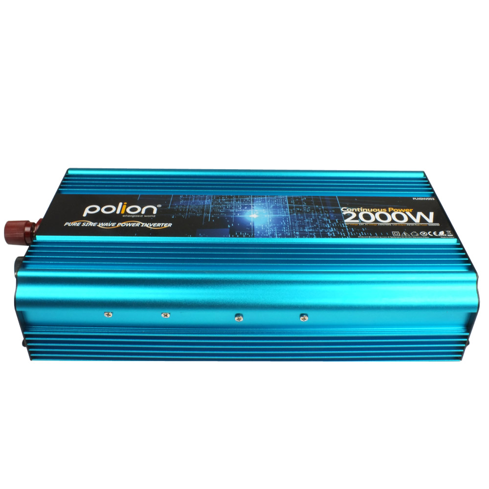Niebieski falownik mocy Polion 2000W z tekstem opisującym jego funkcje. Na białym tle.