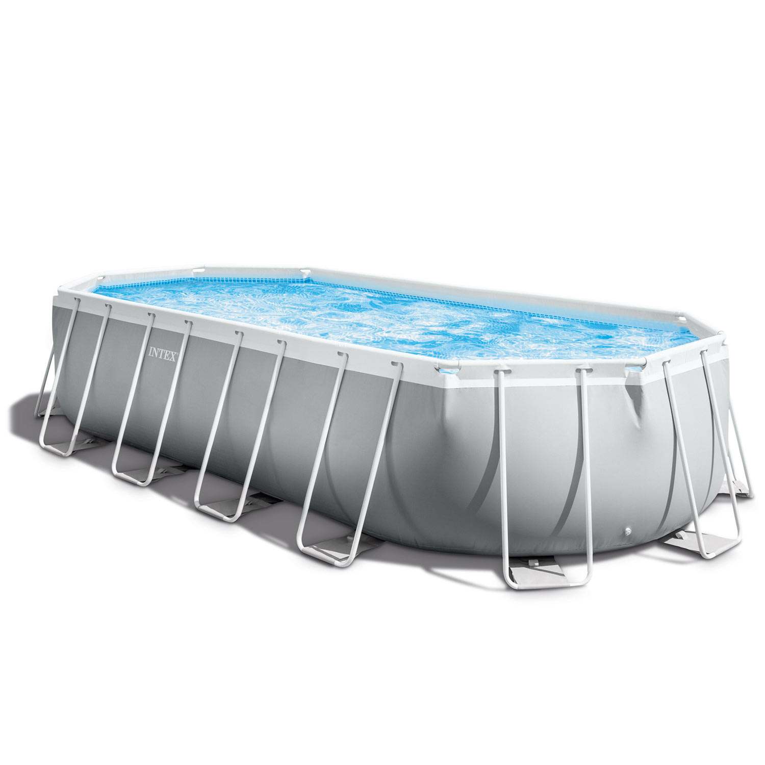 Prostokątny basen naziemny. Szare boki, biała rama i niebieska woda. Widoczne logo Intex. Cień na białym tle.