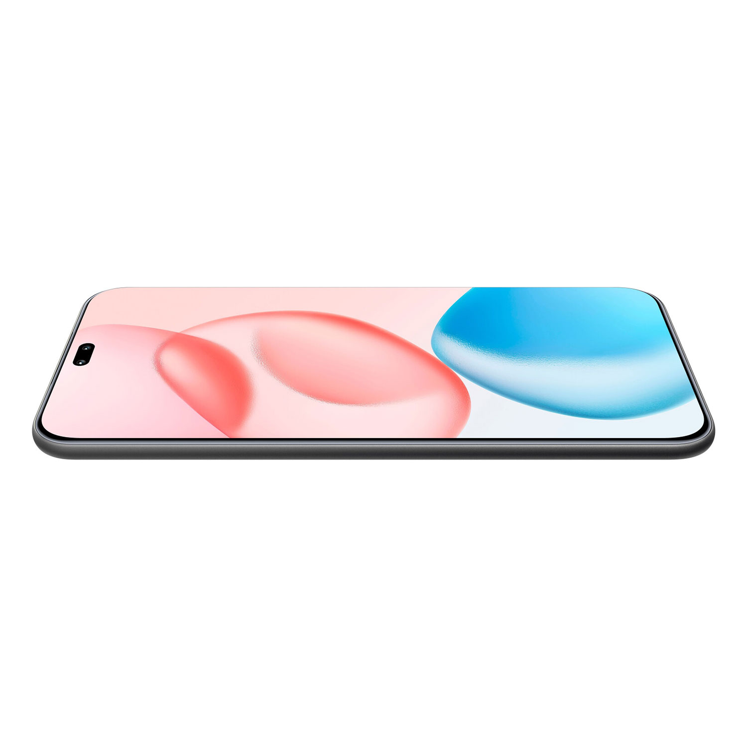 Ein Smartphone auf weißem Hintergrund. Der Bildschirm zeigt ein abstraktes Design in Rosa und Blau. Das Telefon ist schwarz und hat ein schlankes Design.