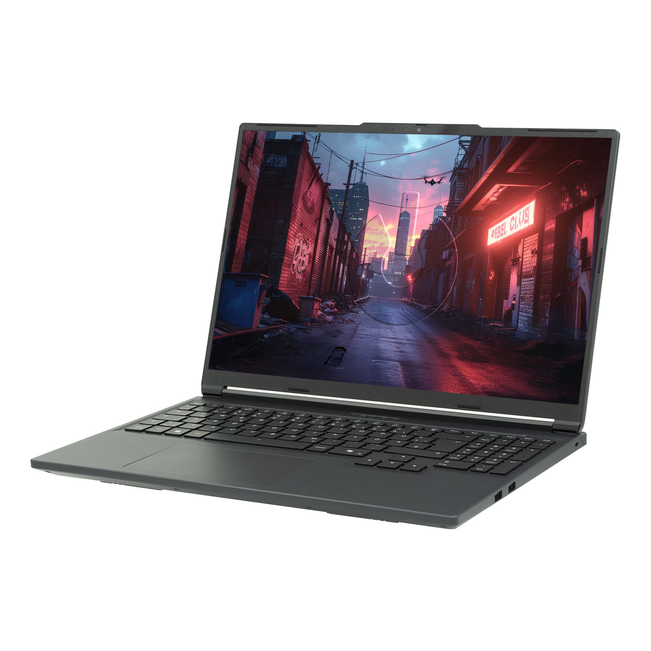 Ein Laptop zeigt eine Stadtstraßenszene. Der Laptop ist grau, offen und auf weißem Hintergrund.