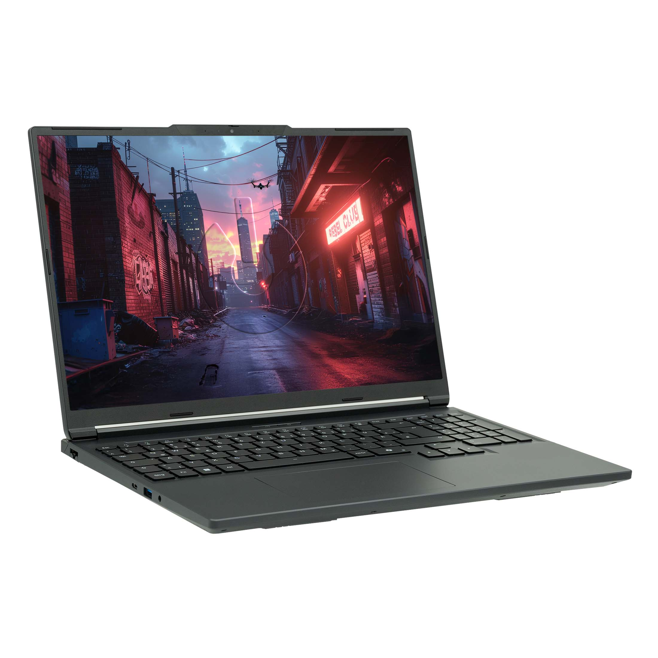 Schwarzer Laptop, der eine Stadtszene zeigt. Eine rot beleuchtete Gasse mit Graffiti und Gebäuden ist auf dem Bildschirm.