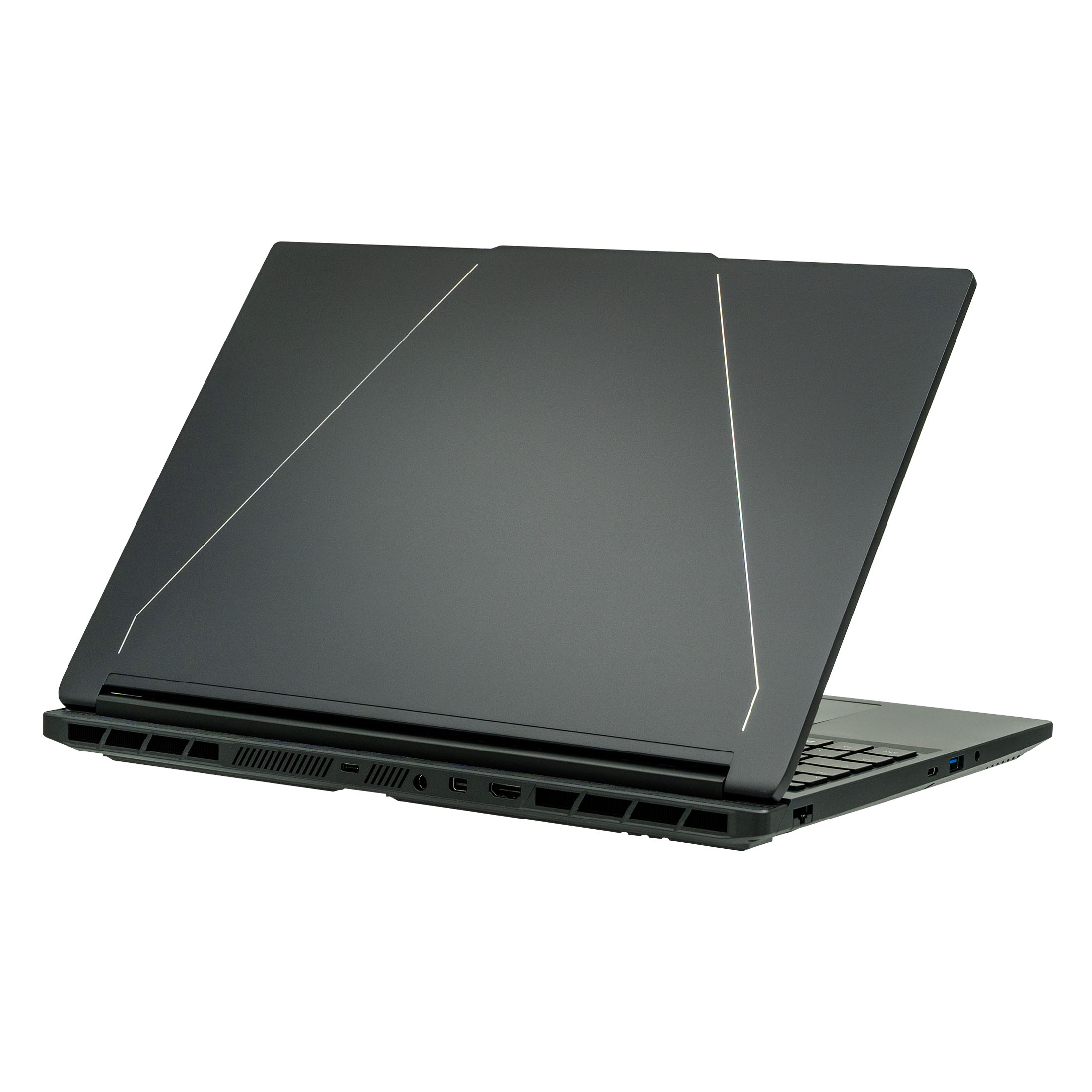 Ein schwarzer Laptop ist leicht geöffnet und zeigt die Tastatur. Weiße Linien verzieren den Deckel, vor weißem Hintergrund.