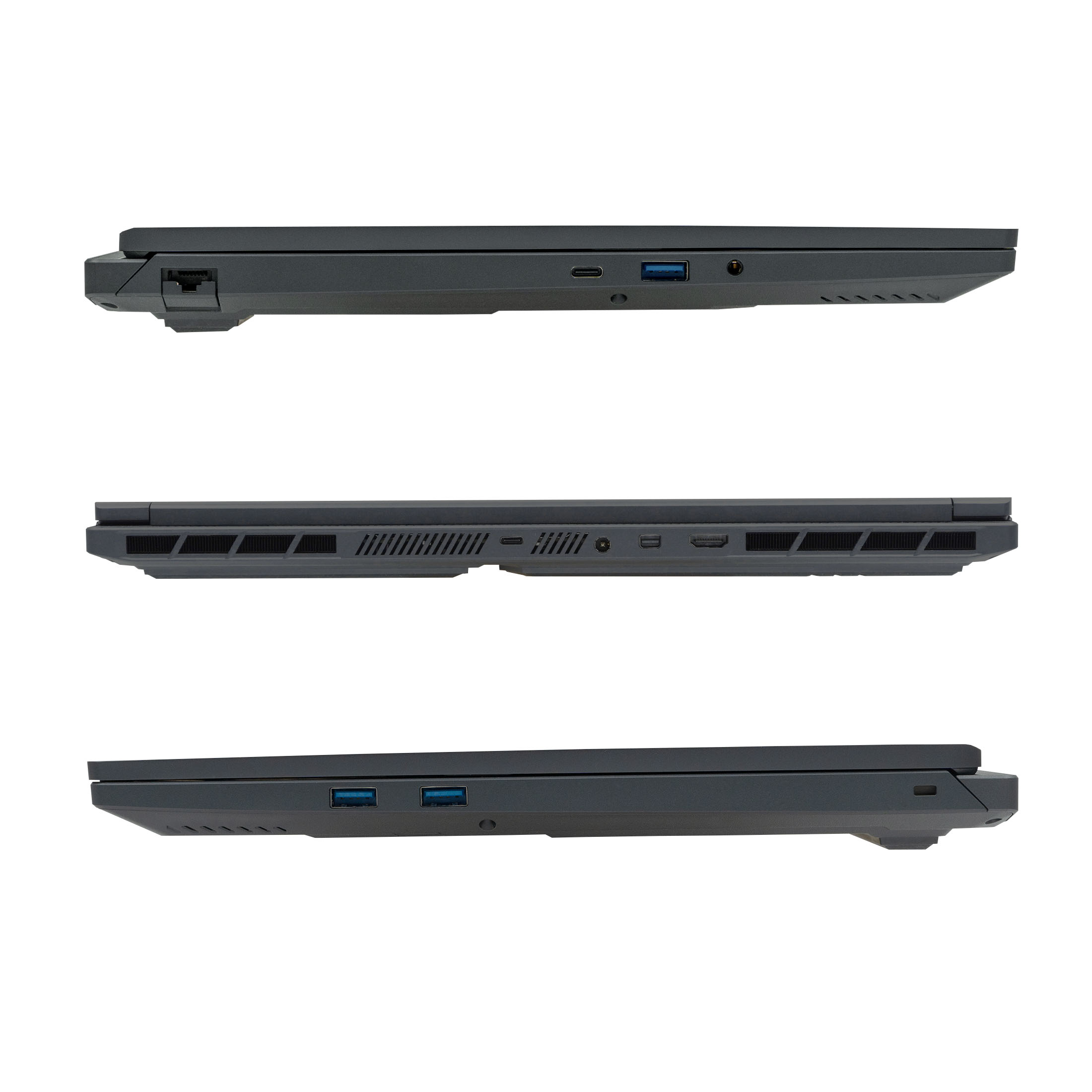 Drei Seitenansichten eines dunkelgrauen Laptops. Anschlüsse und Lüfter sind an den Seiten sichtbar. Weißer Hintergrund.