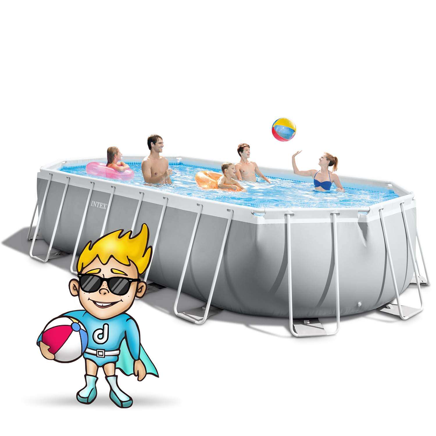 Ludzie bawią się w basenie. Kreskówkowy superbohater trzyma piłkę plażową na pierwszym planie. Basen ma niebieską wodę.