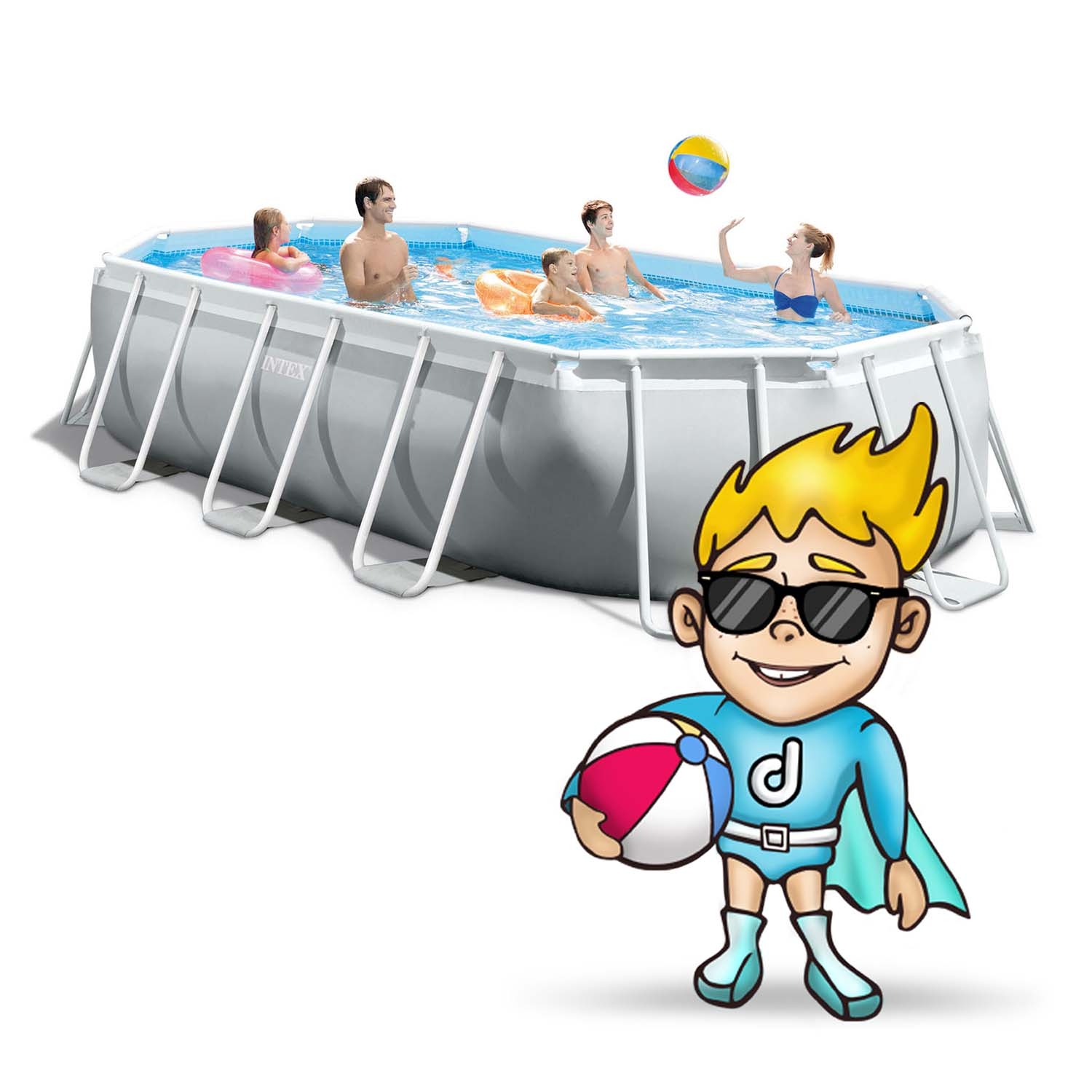 Ludzie w basenie z kółkami do pływania i piłką plażową. Z przodu stoi postać z kreskówki w okularach i piłką.