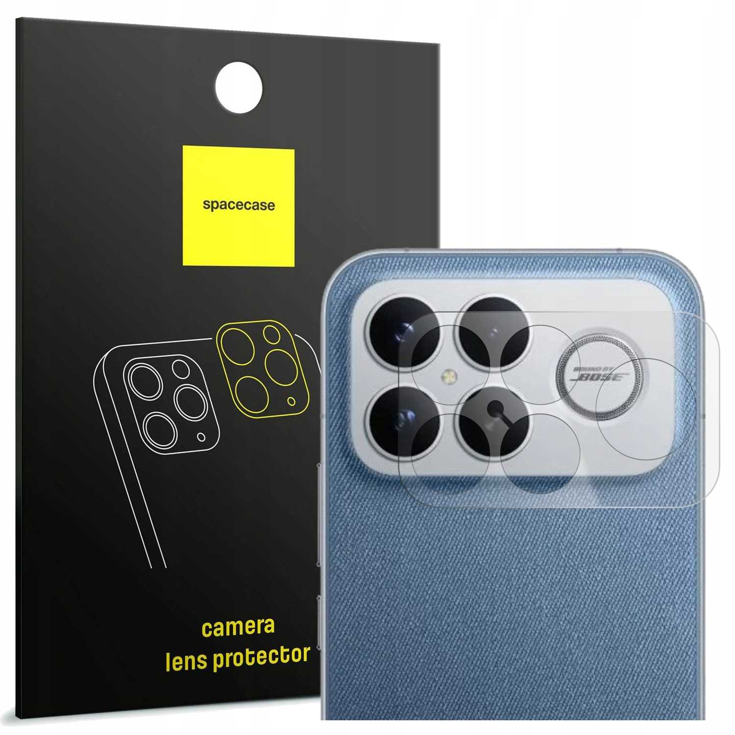 Pokazano osłonę na obudowę telefonu z osłoną obiektywu aparatu. Ochraniacz znajduje się na niebieskim telefonie. Pudełko jest czarne z żółtym tekstem.