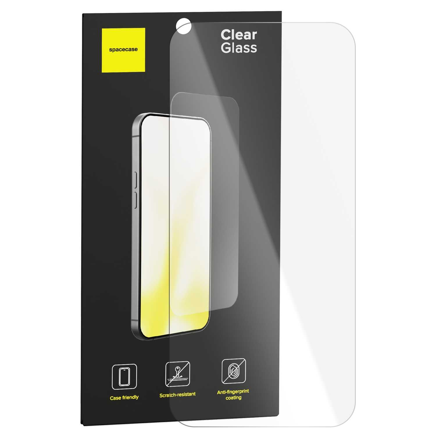 Ochraniacz ekranu telefonu w pudełku, z obrysem telefonu. Tekst brzmi 'Clear Glass', 'Case friendly', 'Scratch-resistant'.