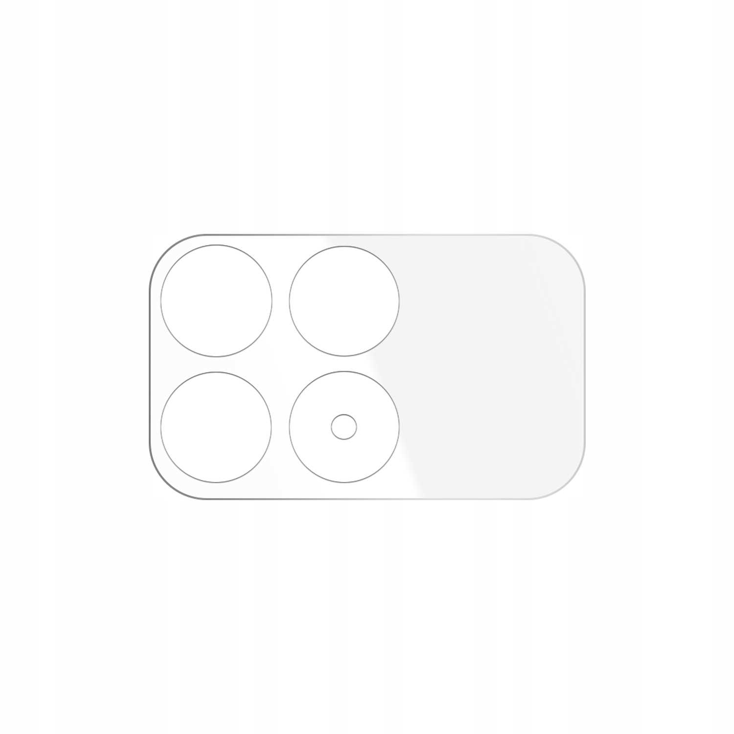 Przezroczysta, prostokątna folia ochronna z czterema okrągłymi wycięciami i małym kółkiem, prawdopodobnie do obiektywu aparatu.