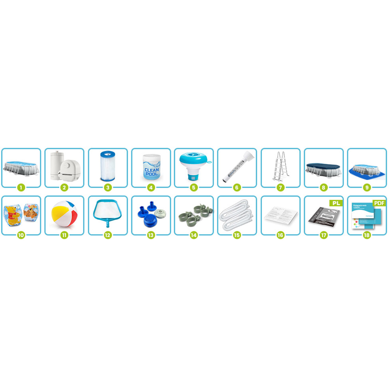 Obraz przedstawia różne przedmioty związane z basenem, w tym filtry, środki czyszczące, basen, drabinę i akcesoria.