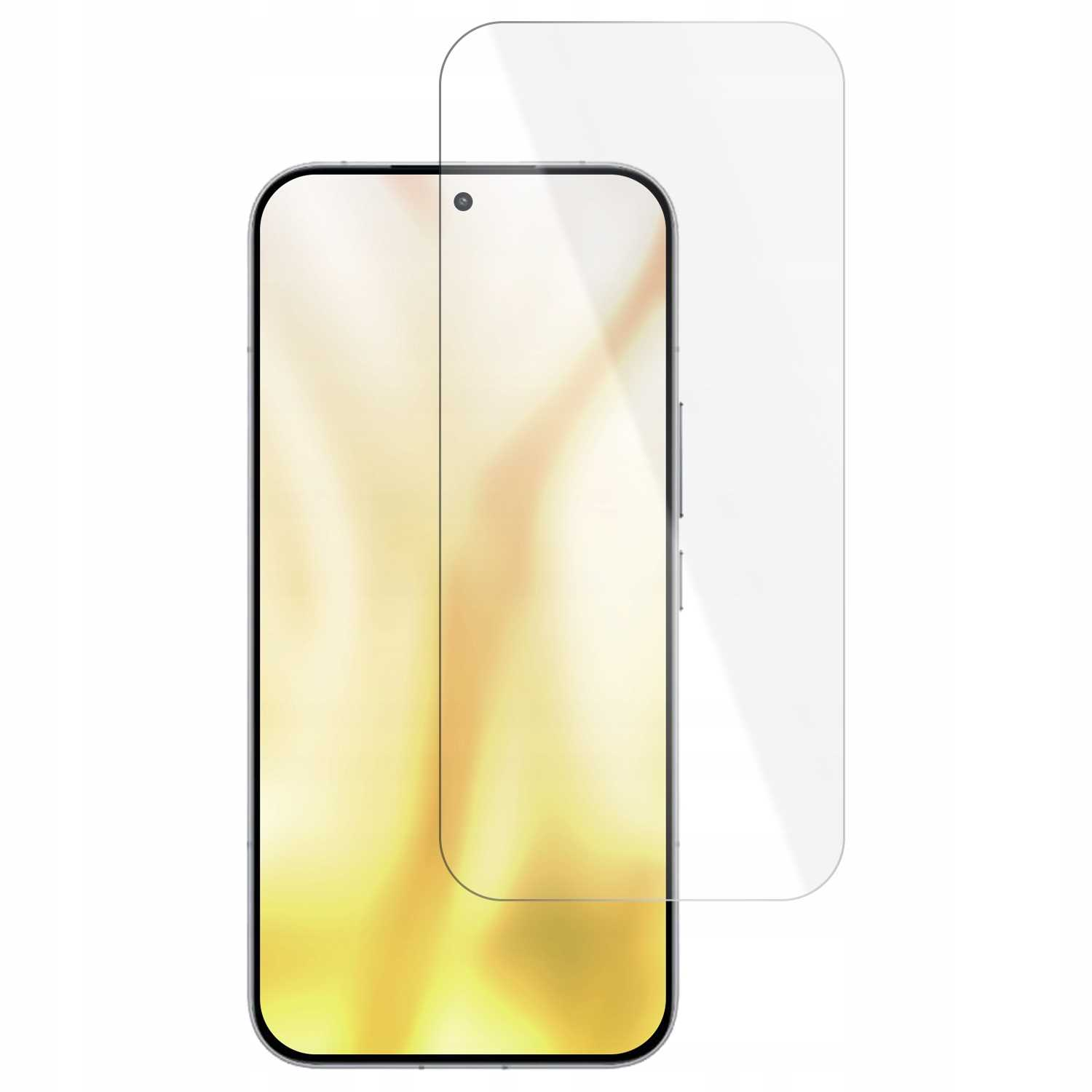 Smartfon z ochraniaczem ekranu. Telefon ma złoty wyświetlacz i czarną ramkę. Ochraniacz jest przezroczysty.