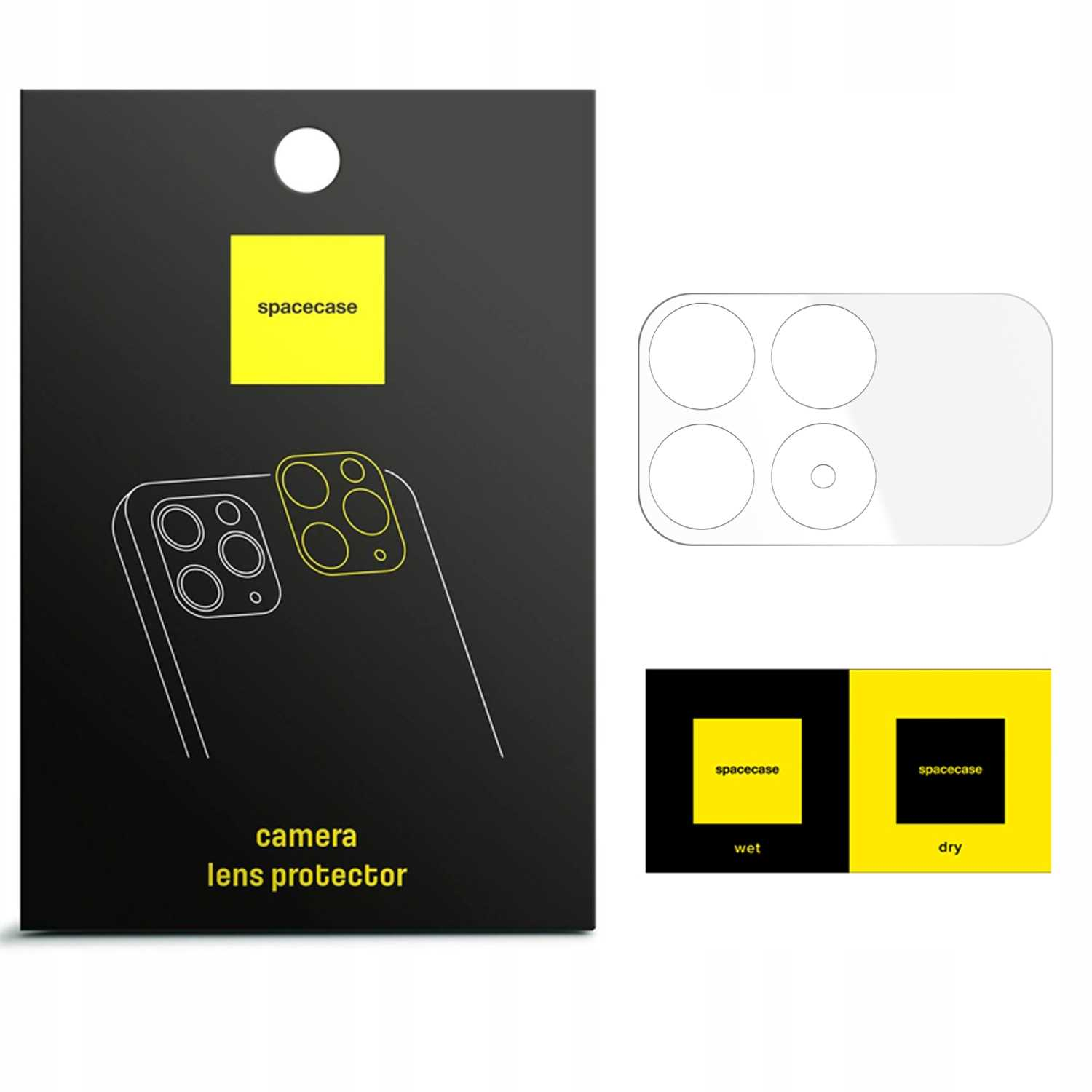 Czarne opakowanie z obrysem telefonu, osłonami obiektywu aparatu i marką 'spacecase', z etykietami na mokro i na sucho.