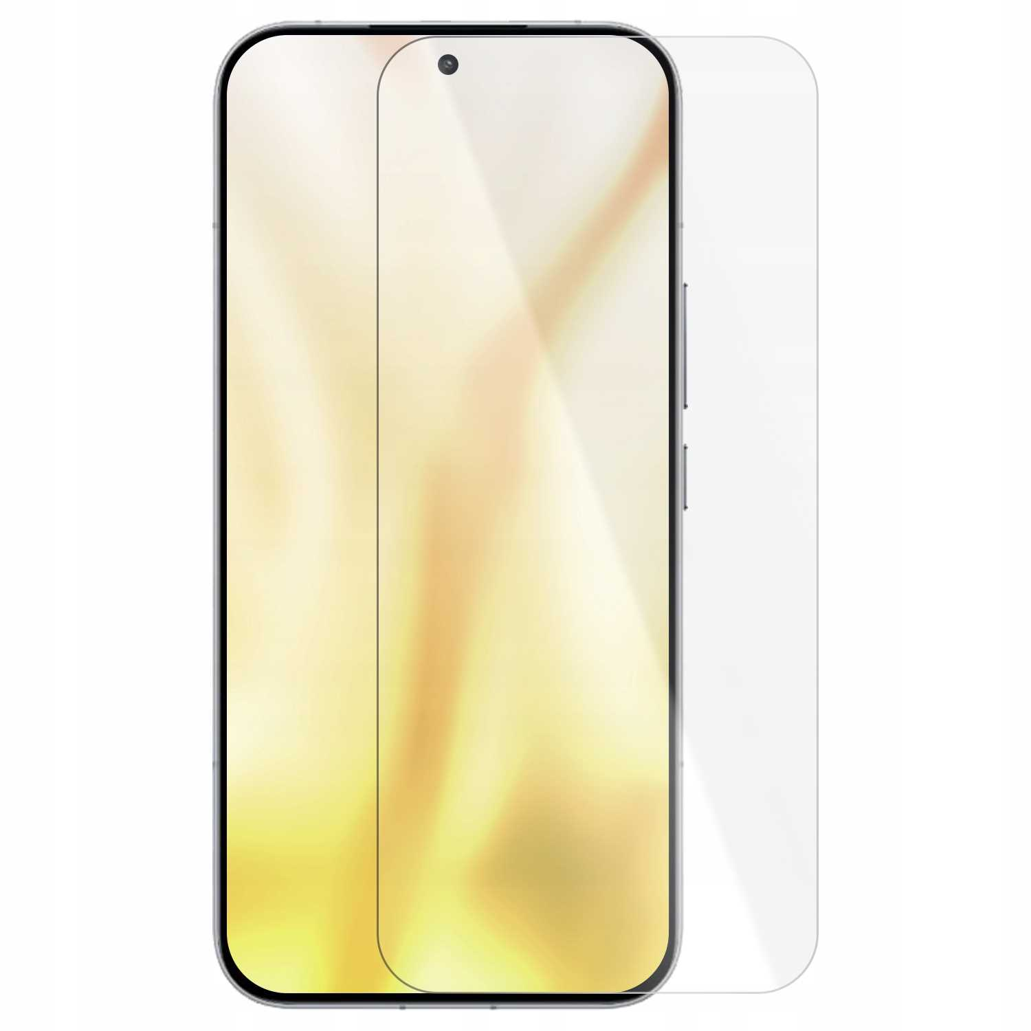 Smartfon z ochraniaczem ekranu na białym tle. Telefon jest czarny, z zaokrąglonymi rogami, ochraniacz jest przezroczysty.