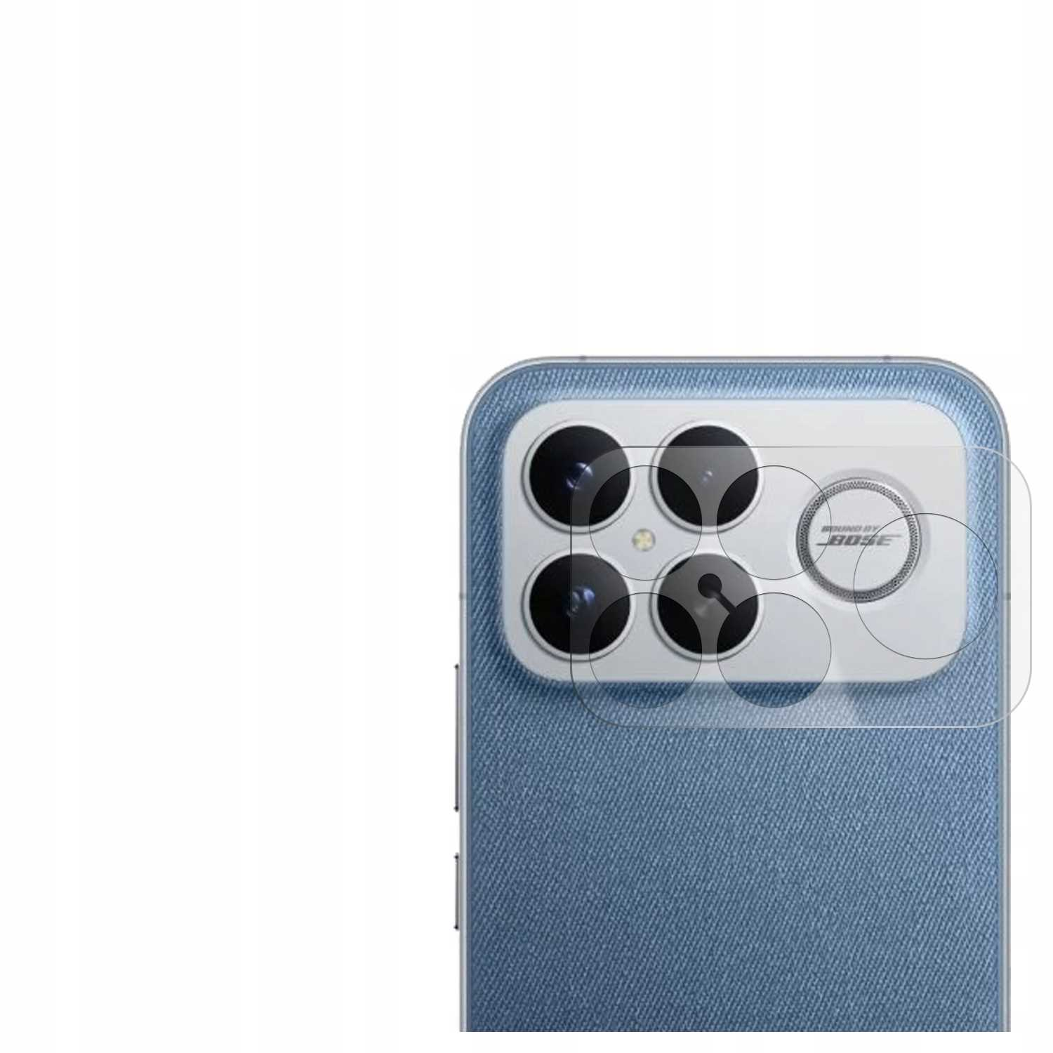 Tył telefonu z fakturą dżinsu. Układ aparatu ma cztery obiektywy i osłonę ochronną z logo Bose.