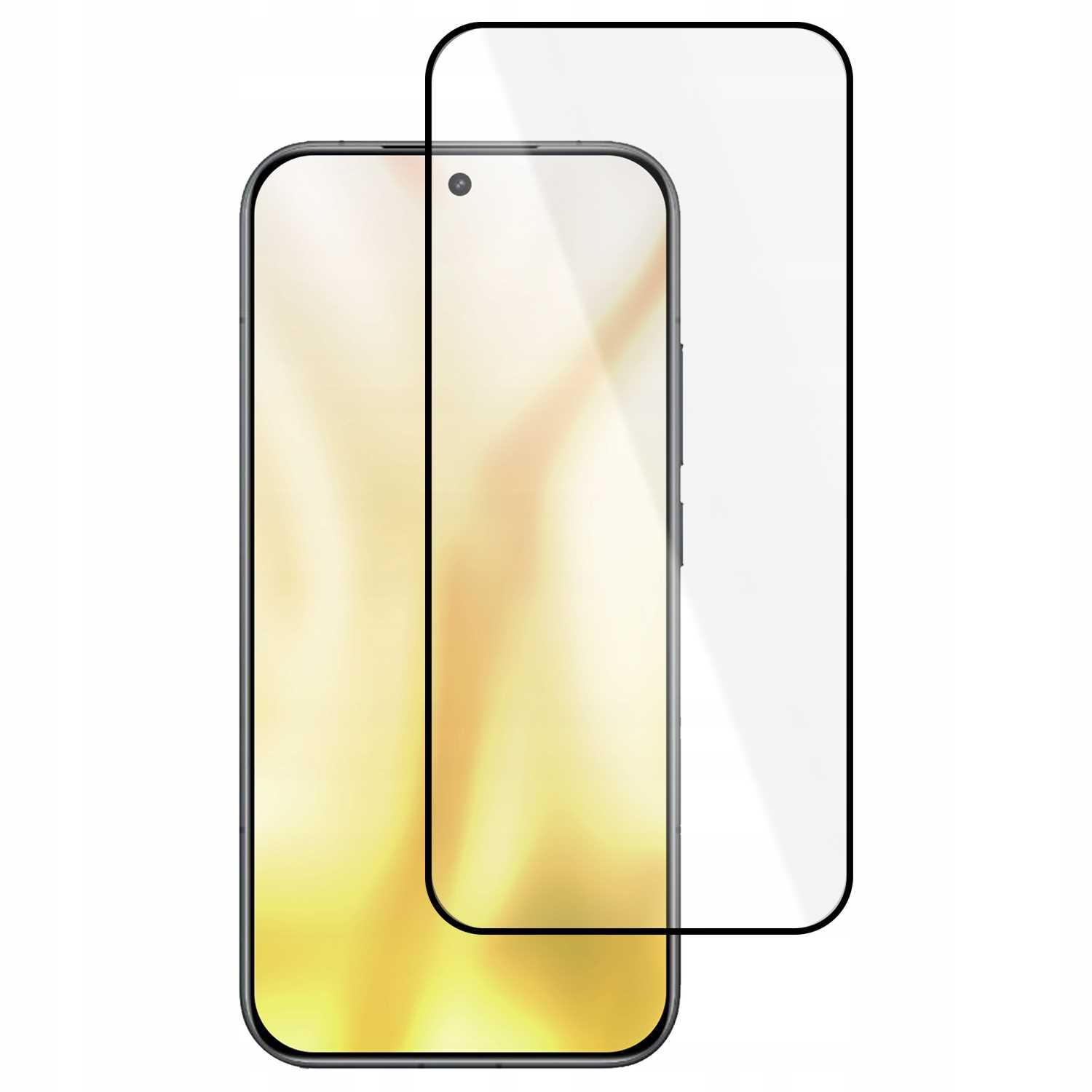 Smartfon z ochraniaczem ekranu na białym tle. Telefon jest czarny z żółto-złotym ekranem. Ochraniacz jest przezroczysty.