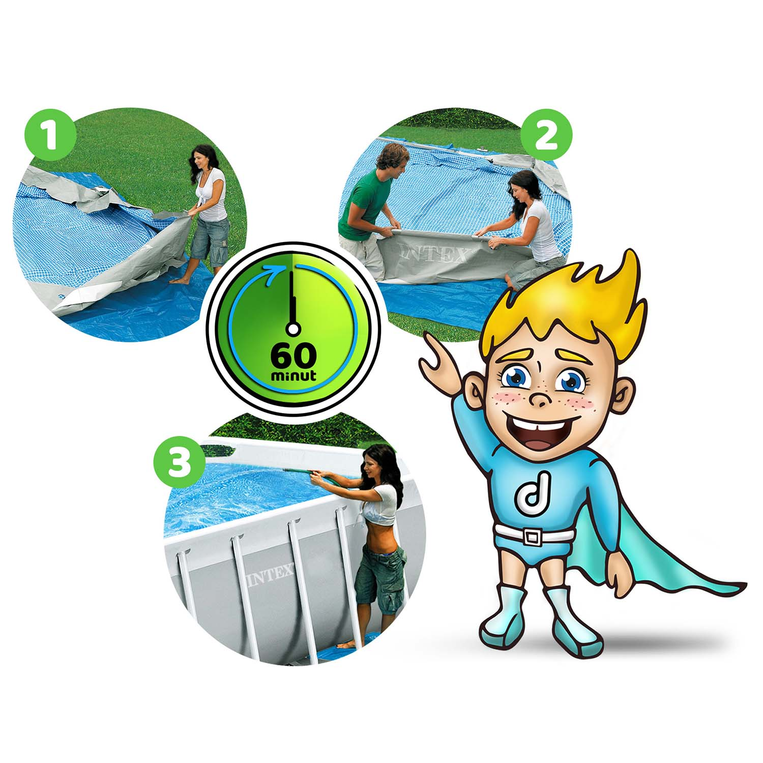Obraz przedstawia etapy montażu basenu, kreskówkowego superbohatera i timer. Ludzie ustawiają basen Intex na trawie.