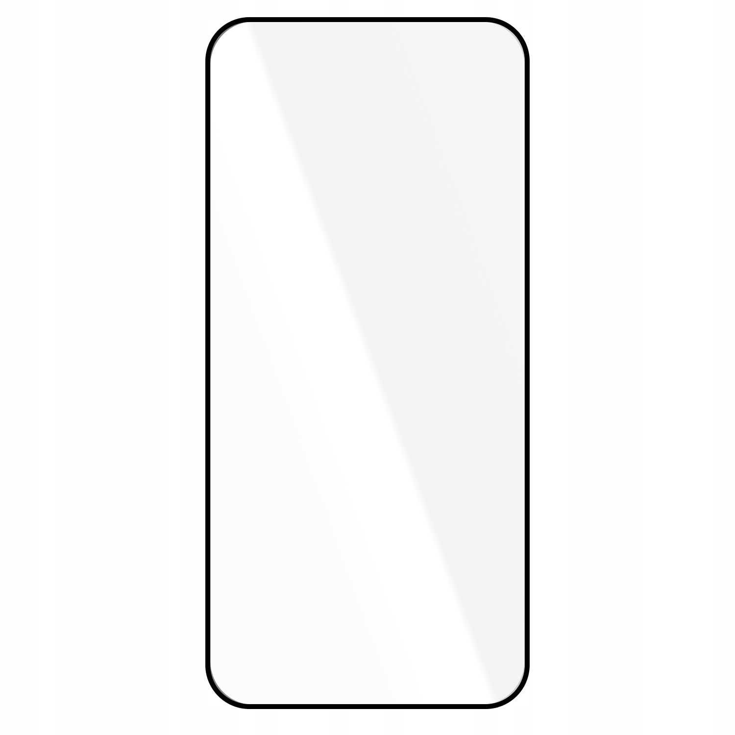 Prostokątna osłona ekranu z zaokrąglonymi rogami i czarną obwódką. Ekran jest przezroczysty, odbija światło.