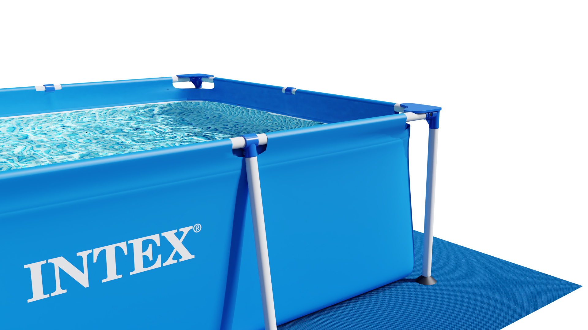 Niebieski prostokątny basen Intex. Woda jest widoczna. Basen stoi na niebieskiej macie, białe nogi podtrzymują basen.