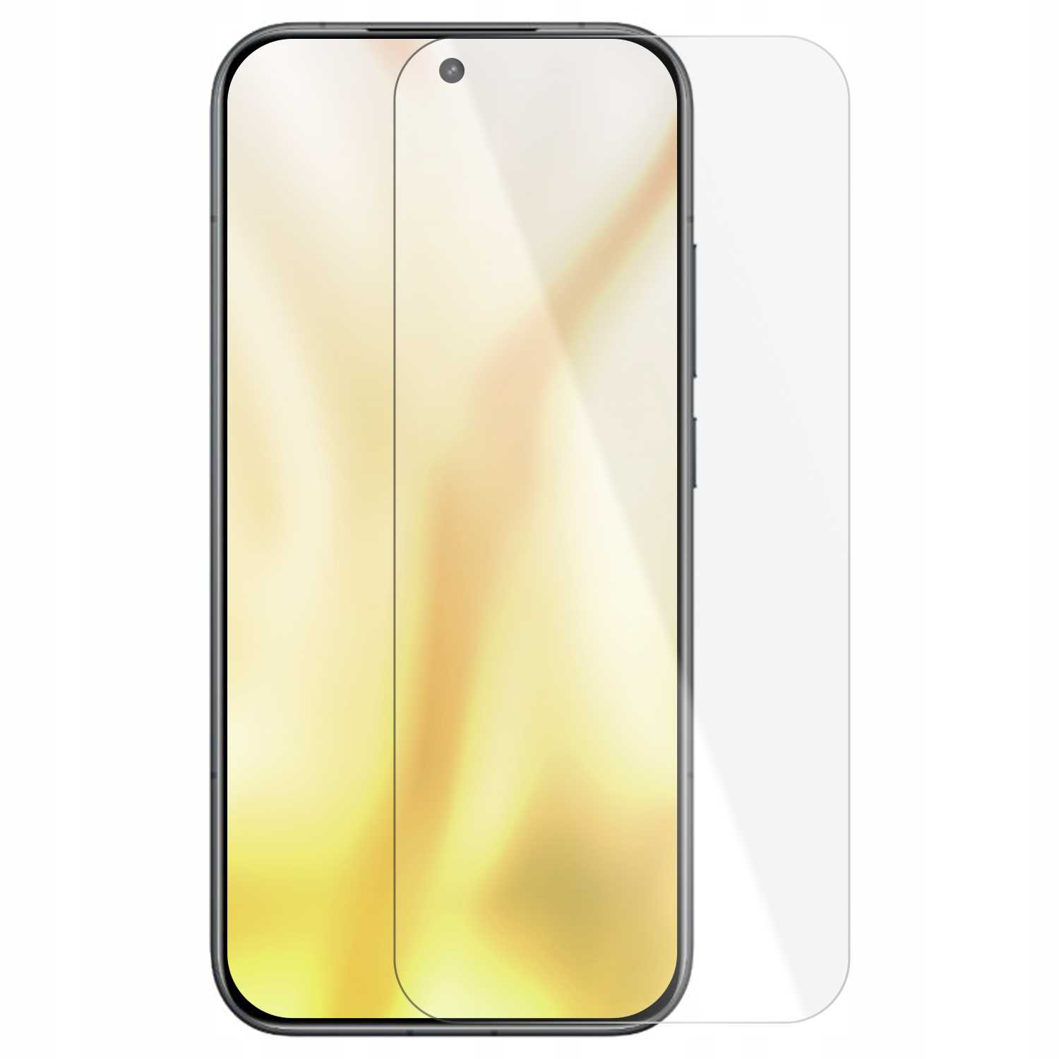 Smartfon z nałożonym ochraniaczem ekranu. Telefon jest czarny z zaokrąglonym ekranem. Ochraniacz jest przezroczysty.