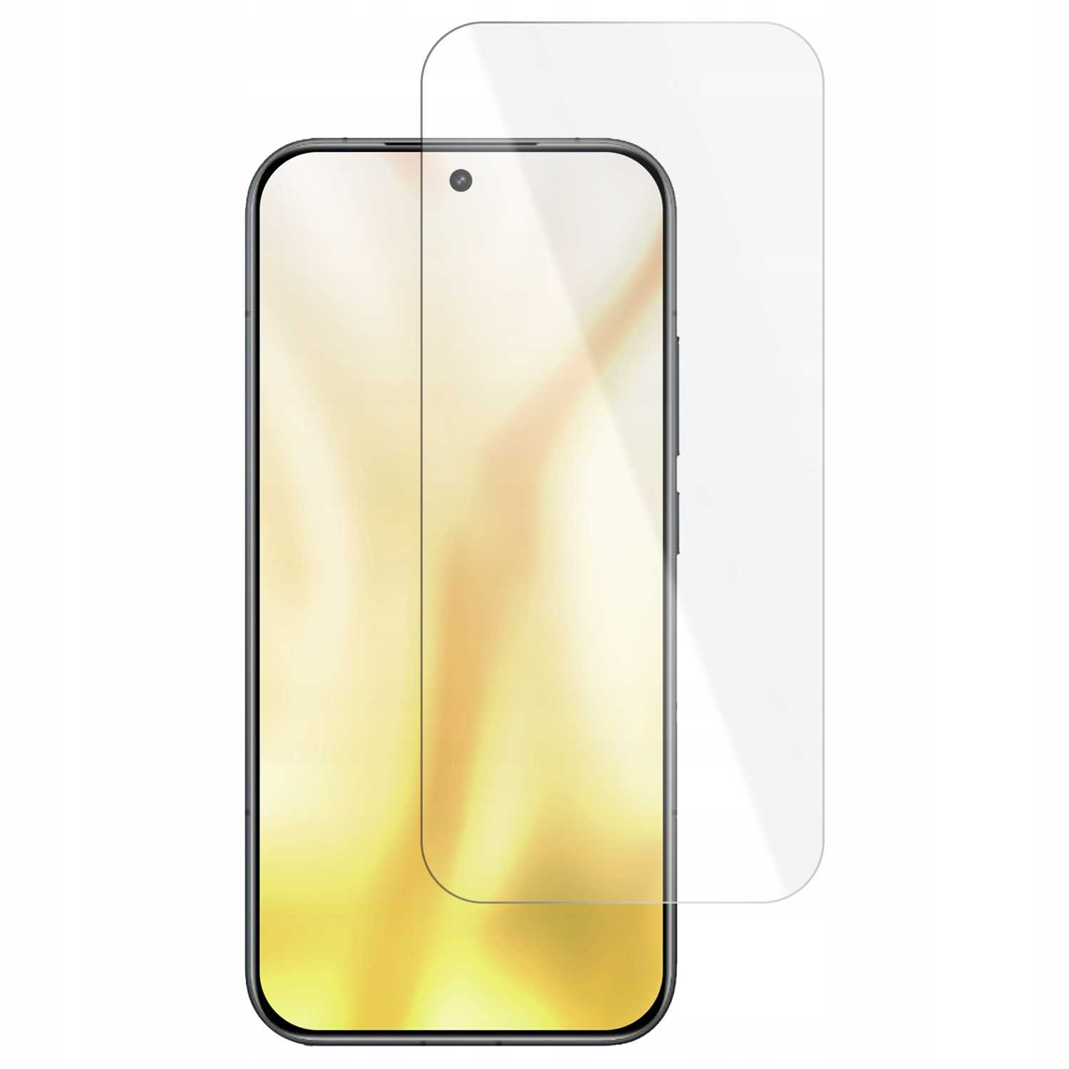 Smartfon z ochraniaczem ekranu. Telefon jest czarny z gradientowym złotym ekranem. Ochraniacz jest przezroczysty.