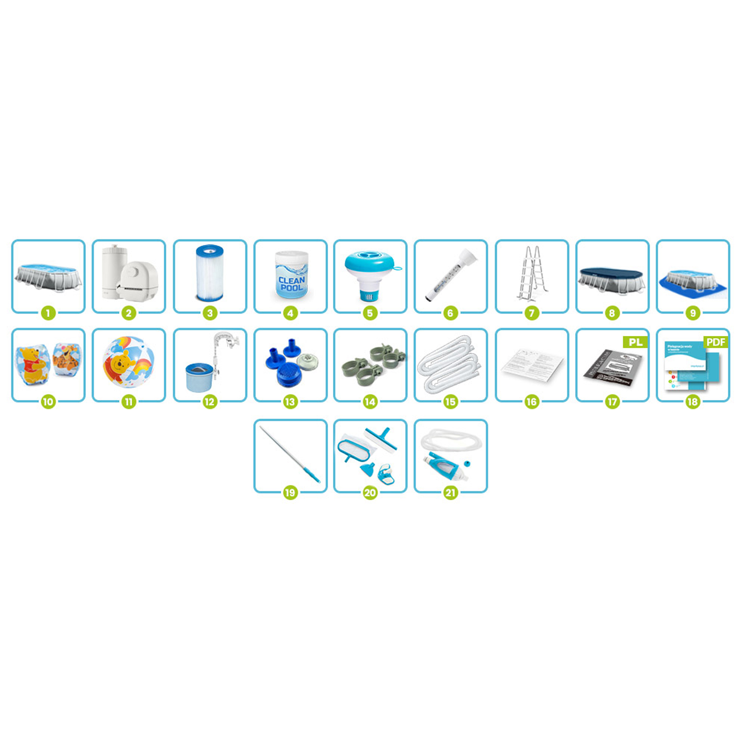 Obraz przedstawia akcesoria do basenu, w tym basen, filtry, chemikalia, termometr, drabinę i narzędzia do czyszczenia.
