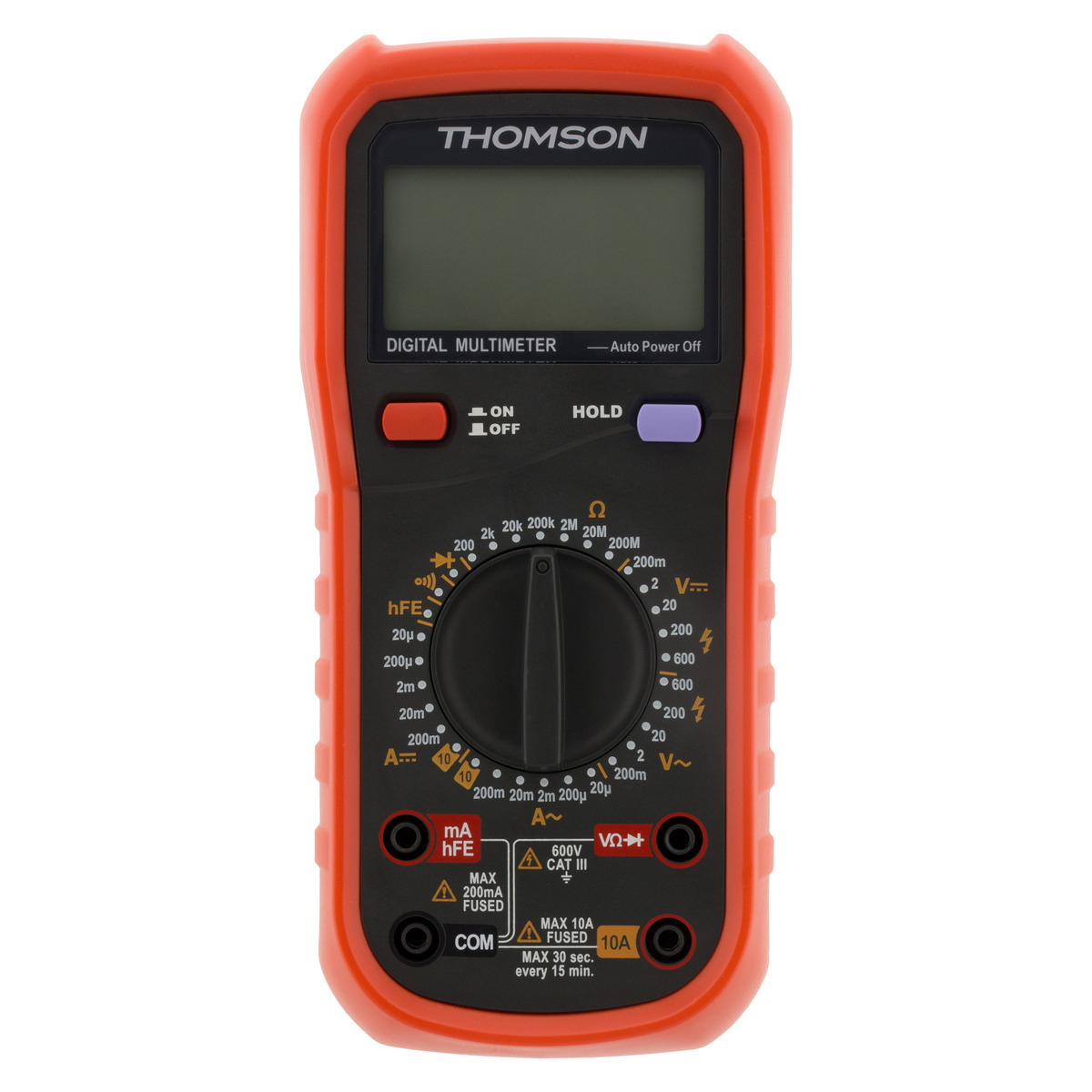 Un multimetro digitale Thomson arancione e nero. Ha un display, pulsanti, un quadrante e porte di ingresso per i test.
