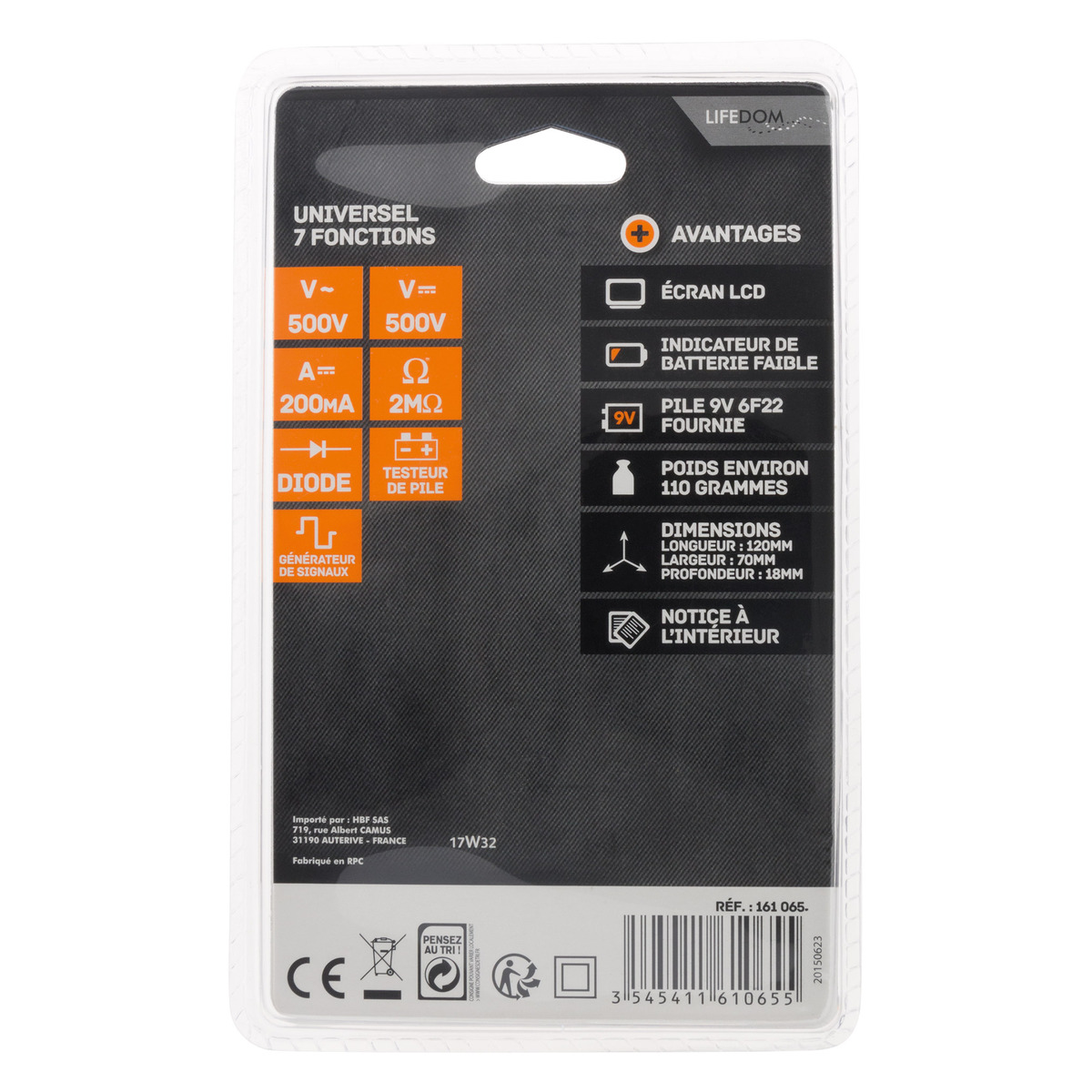 Confezione del prodotto con testo e icone. Include informazioni su tensione, diodo, tester batteria e generatore di segnale.