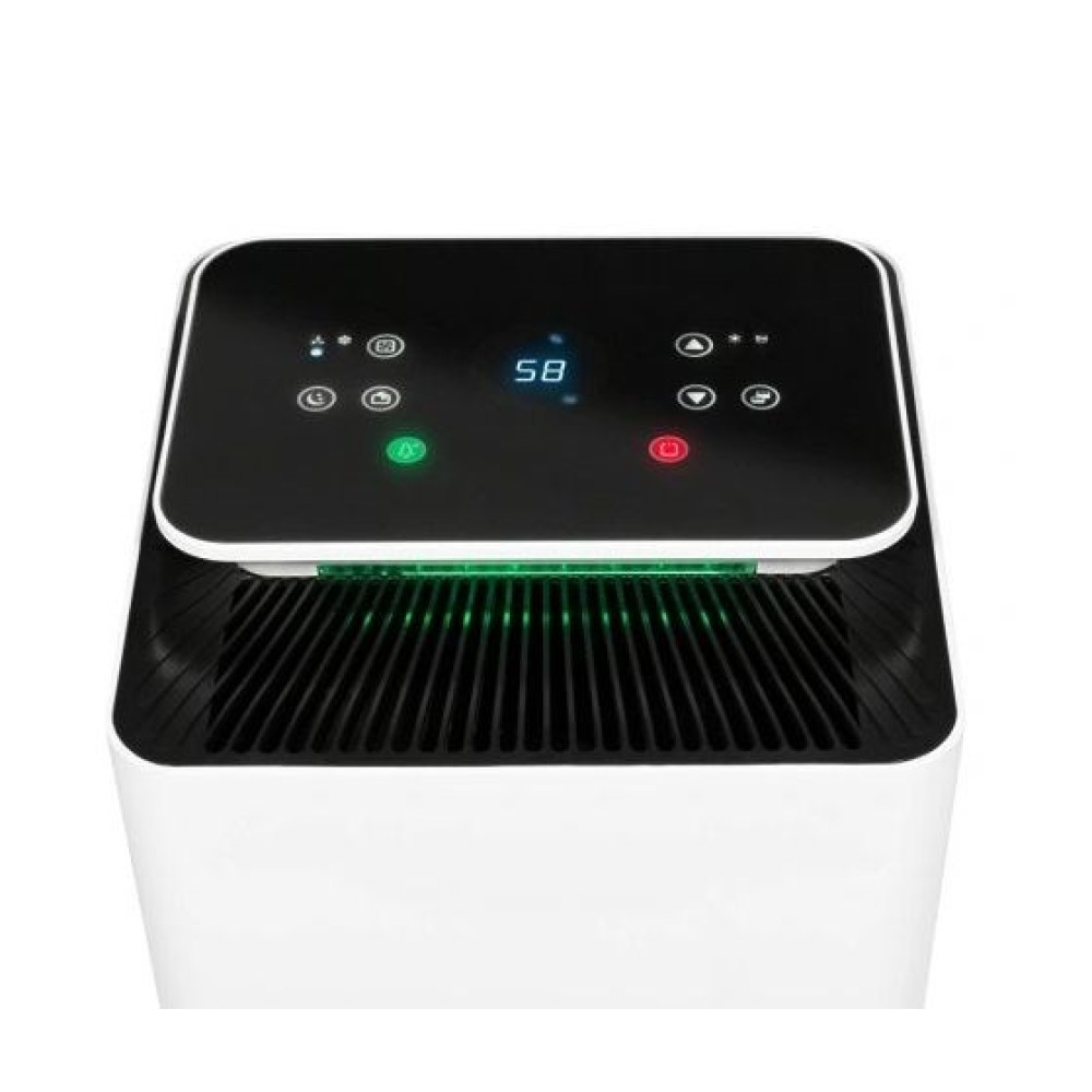 Biały oczyszczacz powietrza z czarnym blatem. Posiada wyświetlacz z napisem '58'. Widoczne są przyciski i zielone oraz czerwone światła.