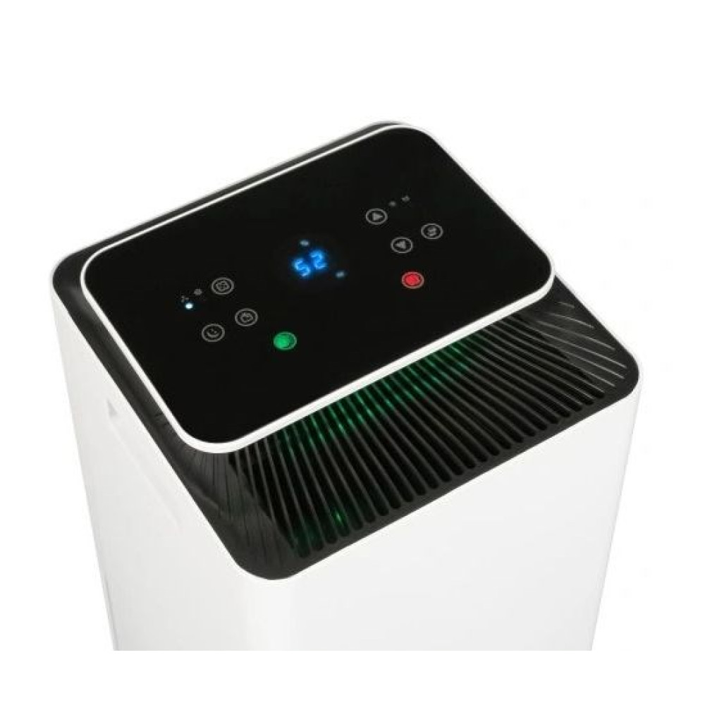 Biały oczyszczacz powietrza z czarnym blatem. Wyświetlacz pokazuje '52'. Posiada różne przyciski i zielone światła.