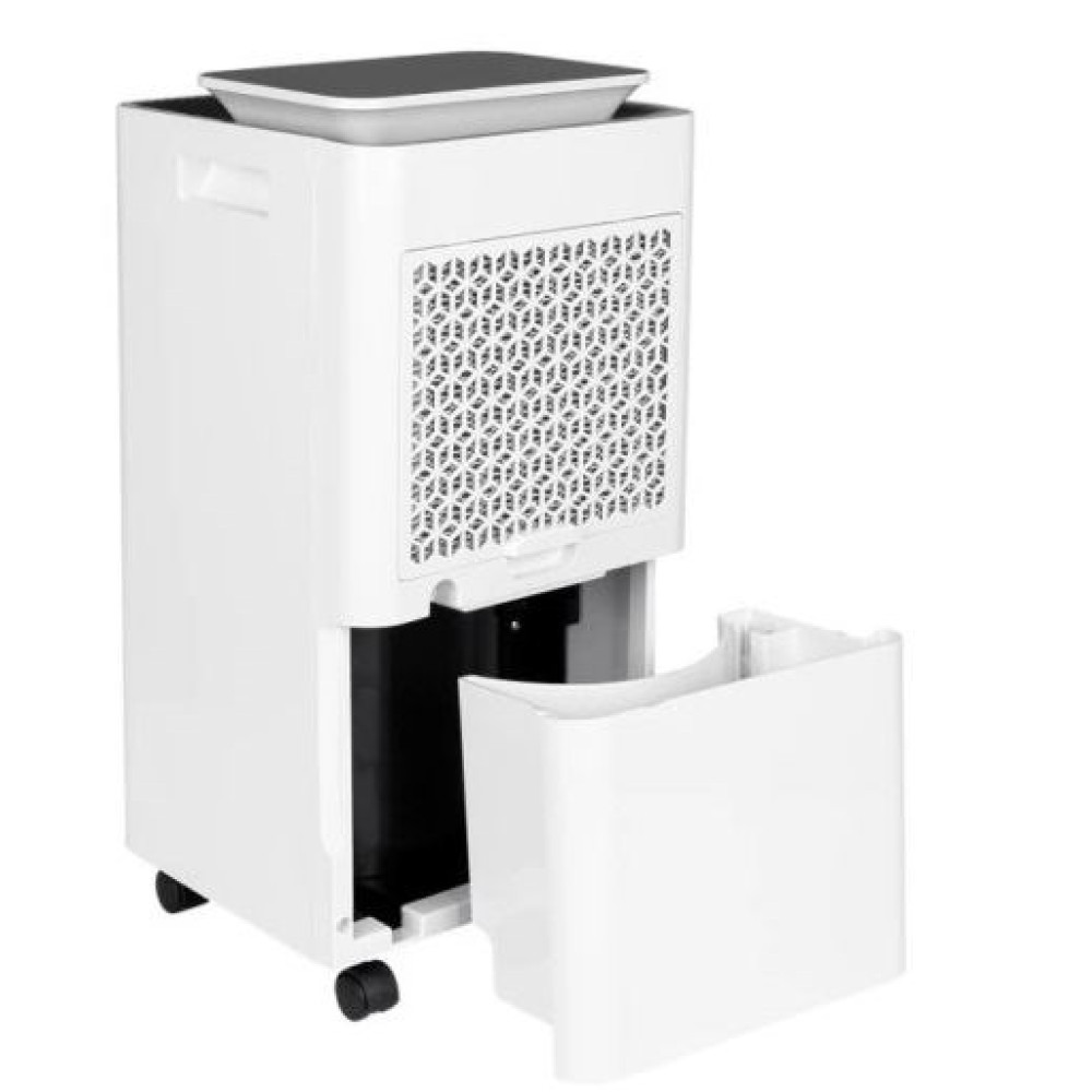 Biały osuszacz powietrza z czarnym blatem i wyjmowanym białym zbiornikiem na wodę. Ma wzorzyste otwory wentylacyjne i małe kółka.