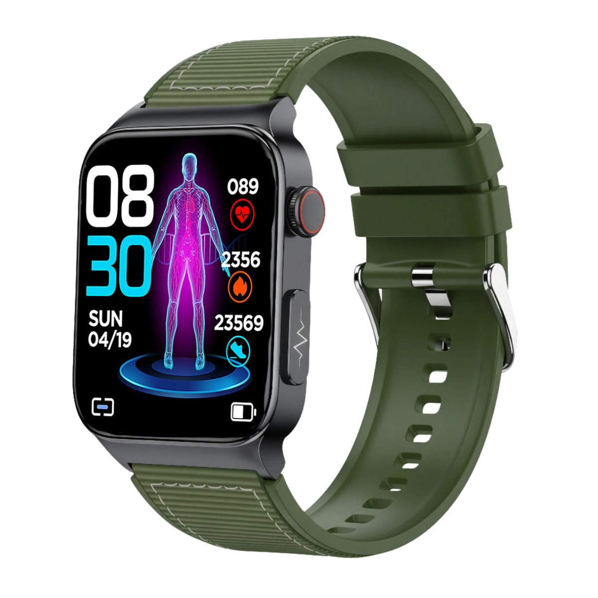 Smartwatch z zielonym paskiem. Ekran wyświetla godzinę, datę i schemat ludzkiego ciała. Ikony danych zdrowotnych.