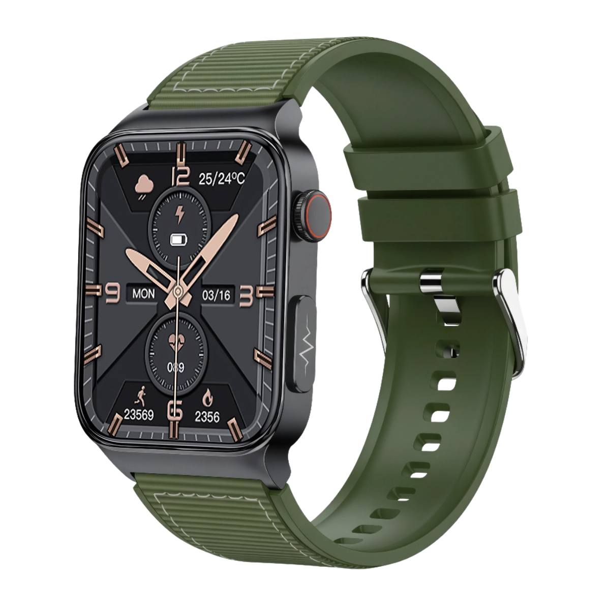 Smartwatch z zielonym paskiem. Tarcza jest czarna ze złotymi akcentami i wyświetla godzinę, datę oraz inne wskaźniki zdrowia.
