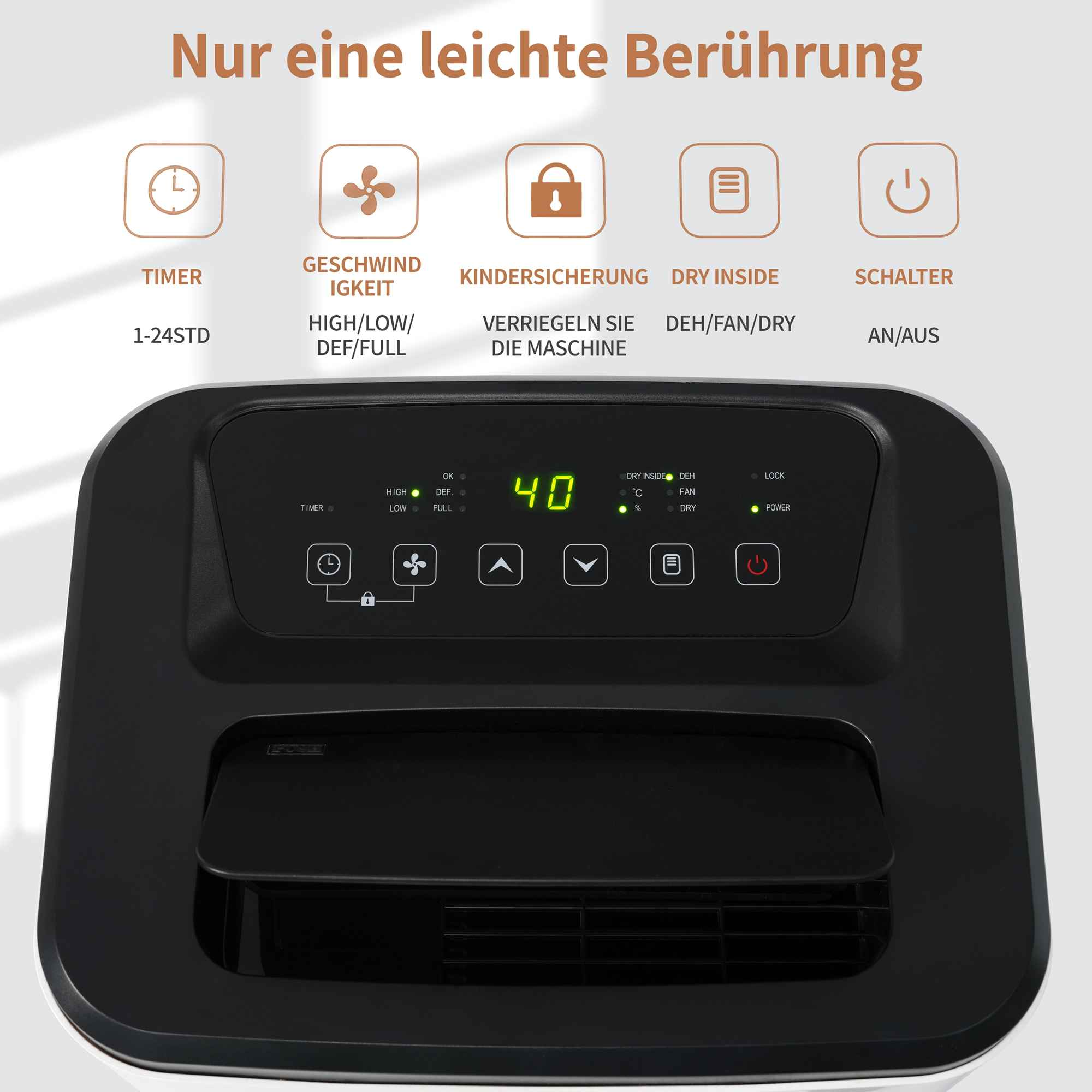 Ein weißer und schwarzer Luftentfeuchter mit Digitalanzeige, die 40 anzeigt. Symbole für Timer, Geschwindigkeit, Schloss und Strom.