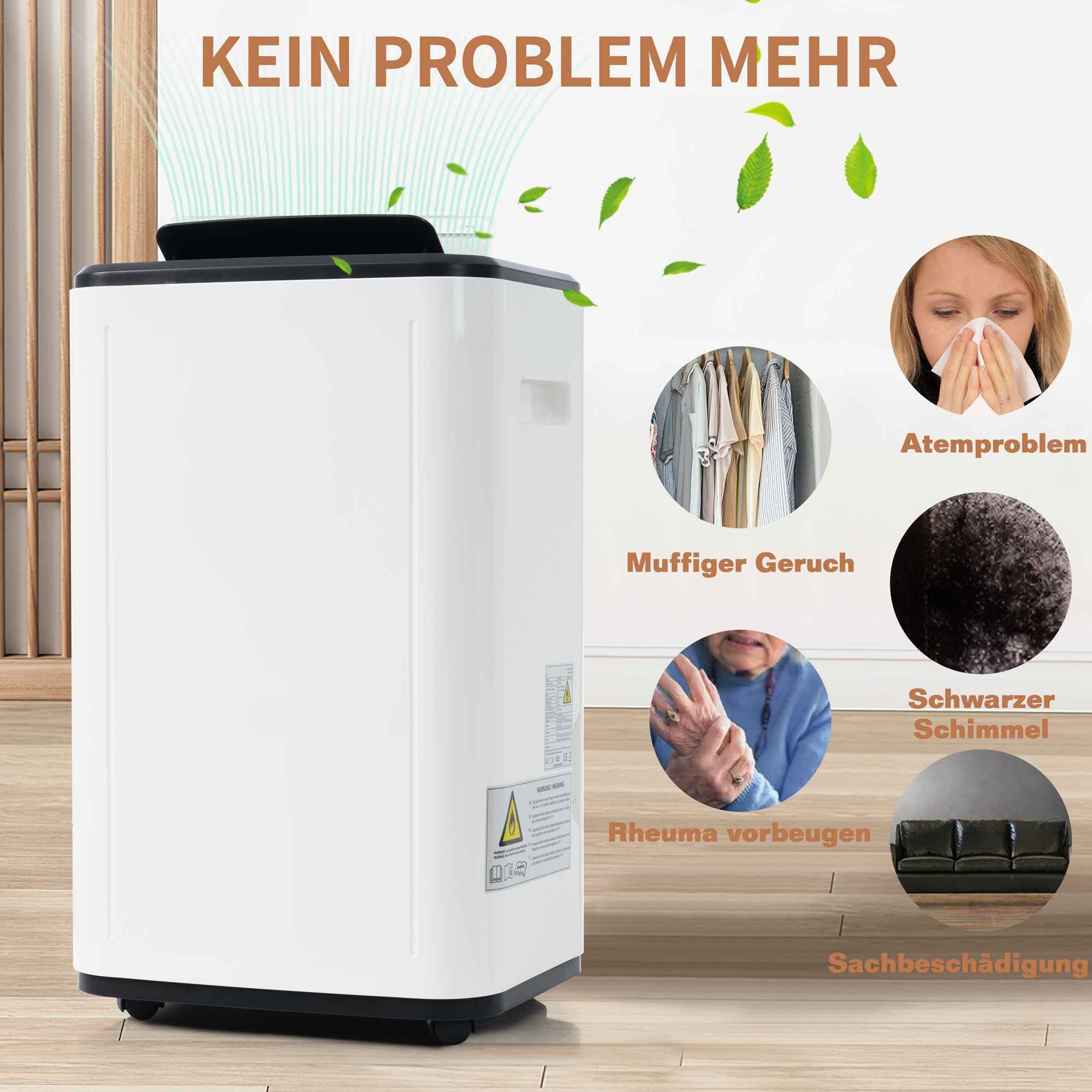 Ein weißer Luftreiniger mit Textbeschriftungen für Probleme wie Schimmel und Allergien. Enthält Bilder von Symptomen und Lösungen.