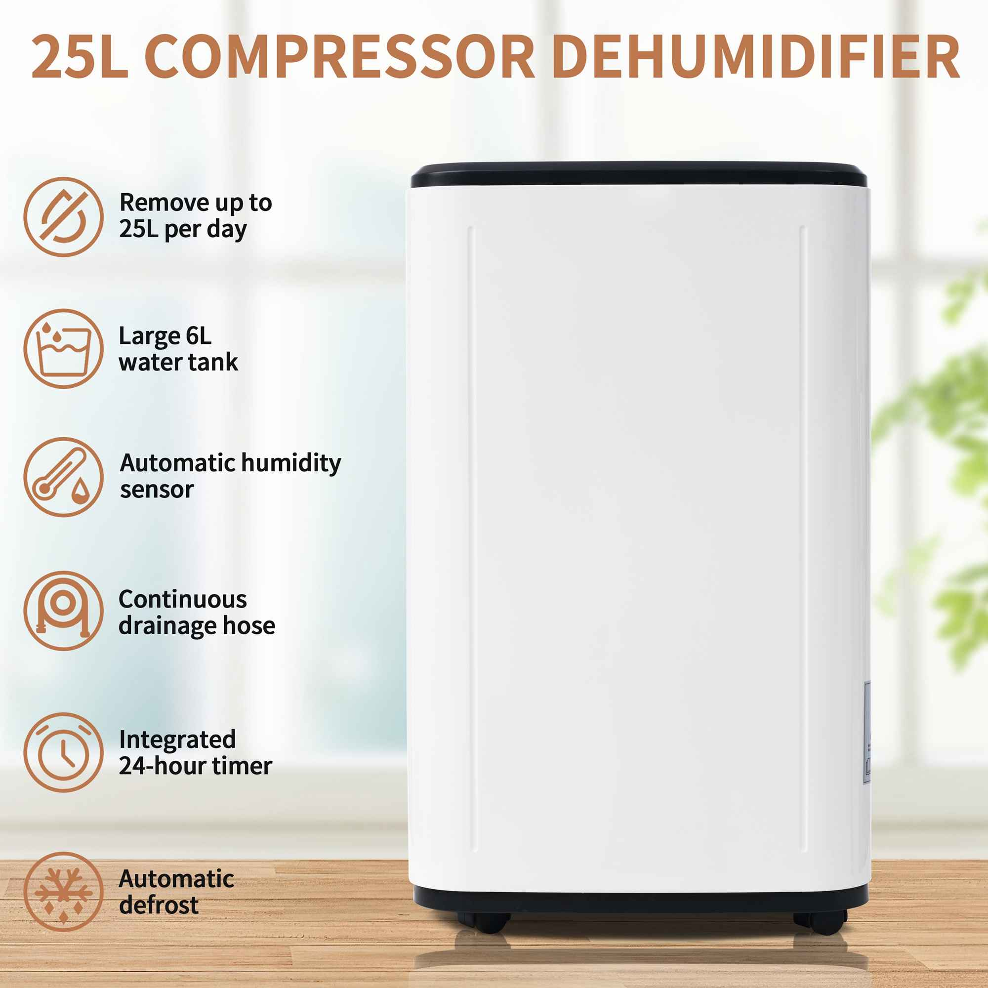 Weißer 25L Kompressor-Luftentfeuchter. Zu den Merkmalen gehören ein automatischer Feuchtigkeitssensor und ein 24-Stunden-Timer.