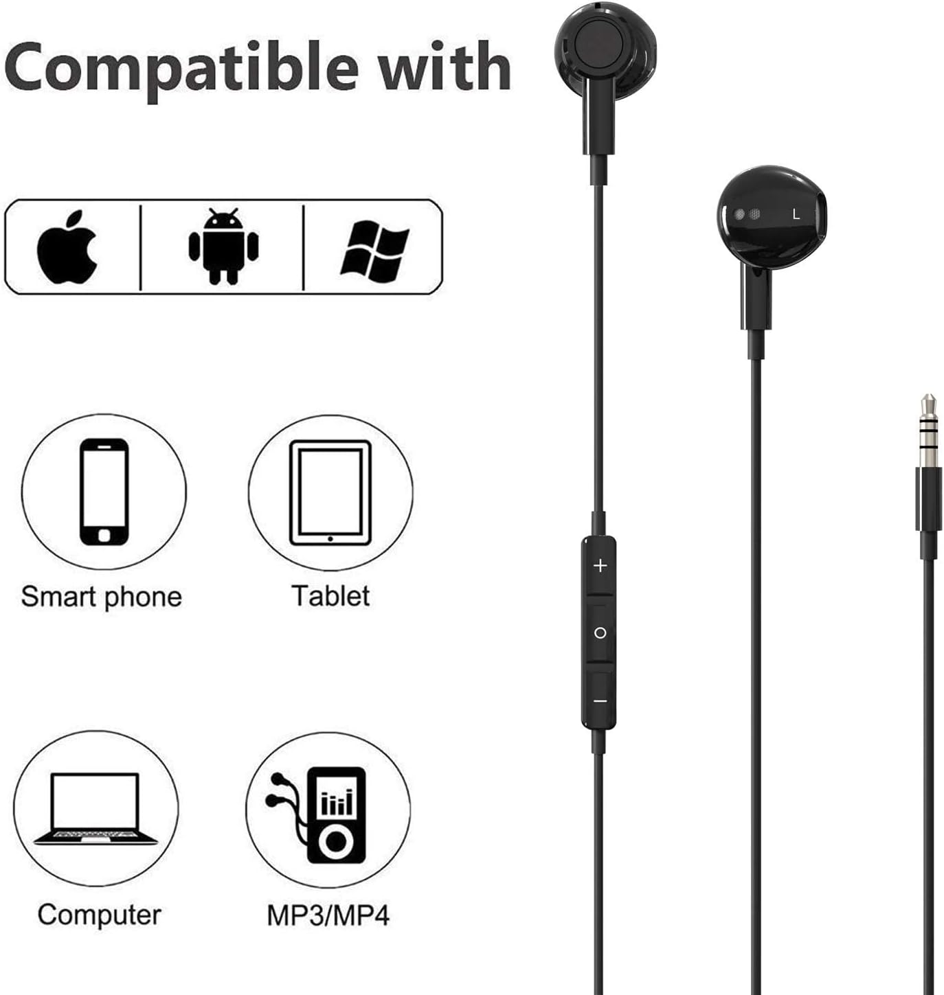 Schwarze Kopfhörer mit Mikrofon und Taste, kompatibel mit Smartphones, Tablets, Computern und MP3-Playern.
