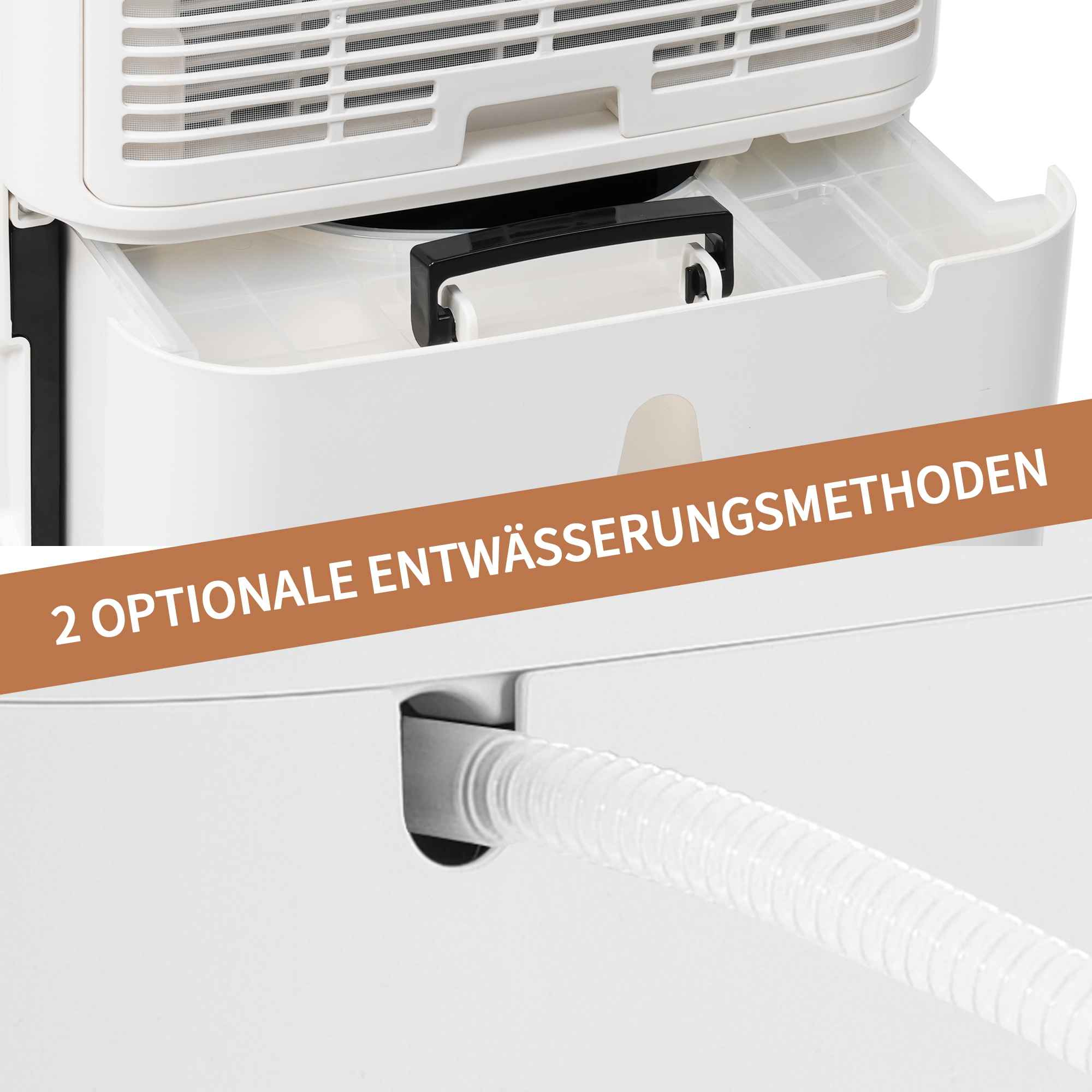Ein weißer Luftentfeuchter mit Wassertank und Ablassschlauch. Text: '2 OPTIONALE ENTWÄSSERUNGSMETHODEN'.