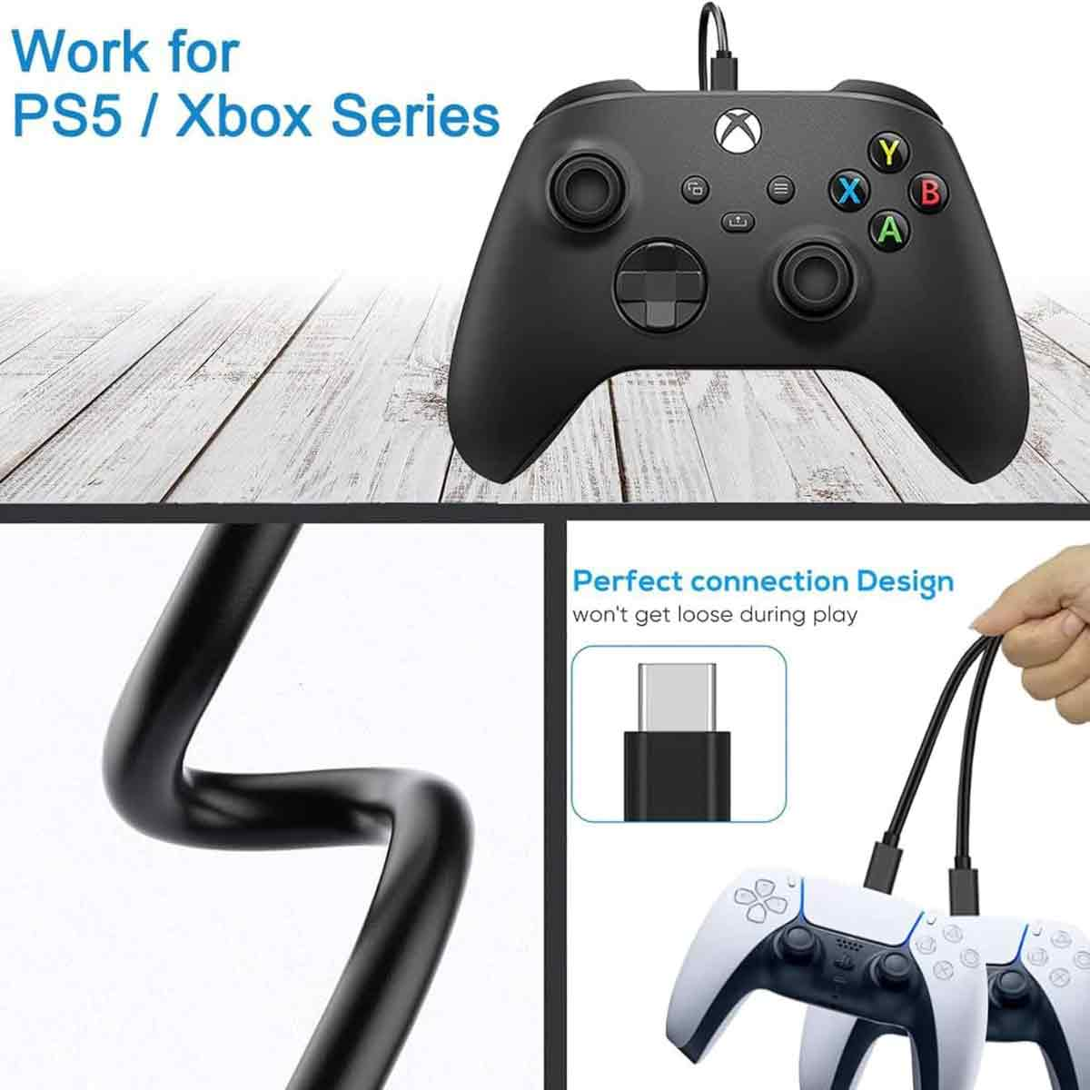 Schwarzer Controller für PS5/Xbox Series mit Kabel. Text: Arbeit für PS5/Xbox Series. Perfektes Verbindungsdesign.