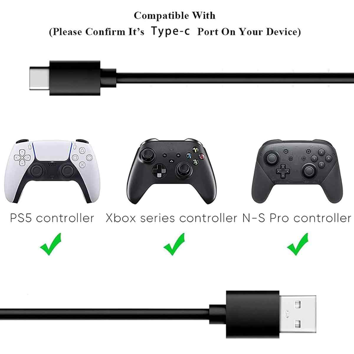 Das Bild zeigt ein schwarzes USB-Kabel und drei Gamecontroller: PS5, Xbox und N-S Pro. Grüne Häkchen zeigen Kompatibilität an.