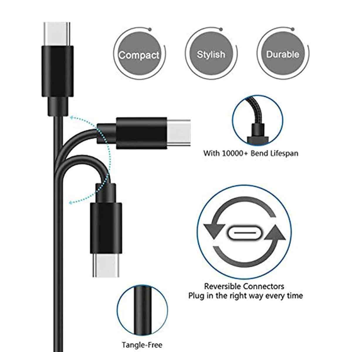 Schwarzes USB-Kabel mit mehreren Anschlüssen. Merkmale: kompakt, stilvoll, langlebig, knickfrei und reversible Anschlüsse.