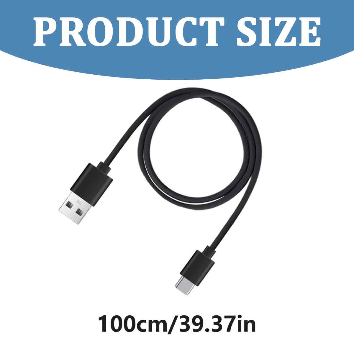 Schwarzes USB-Kabel mit USB-A- und USB-C-Anschlüssen, aufgerollt. Text oben: PRODUKTGRÖSSE. Text unten: 100 cm/39,37 Zoll.