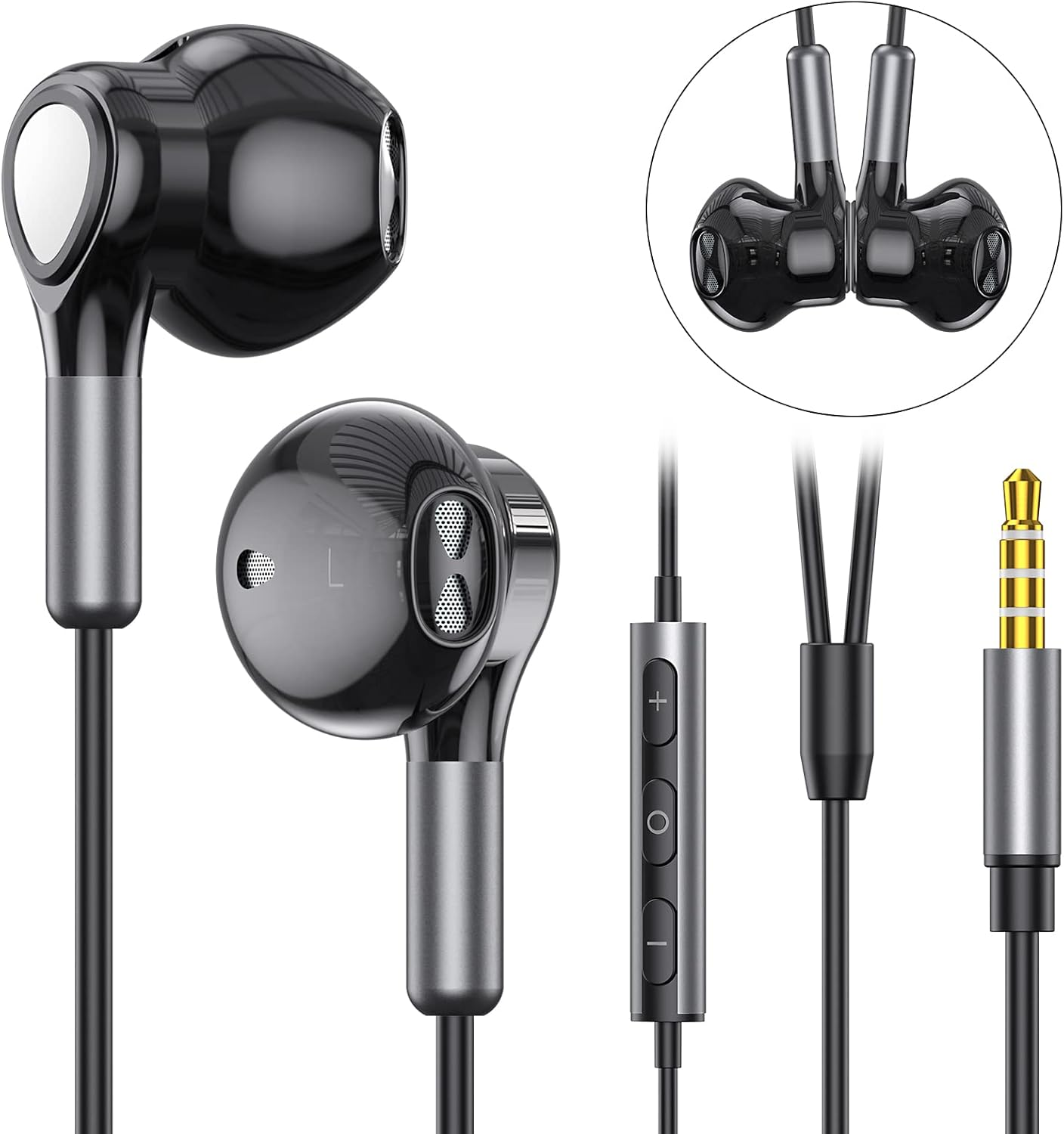 Schwarze und silberne kabelgebundene Kopfhörer. Enthält ein Steuermodul und einen 3,5-mm-Klinkenstecker. Ein Kopfhörer ist im Kreis abgebildet.