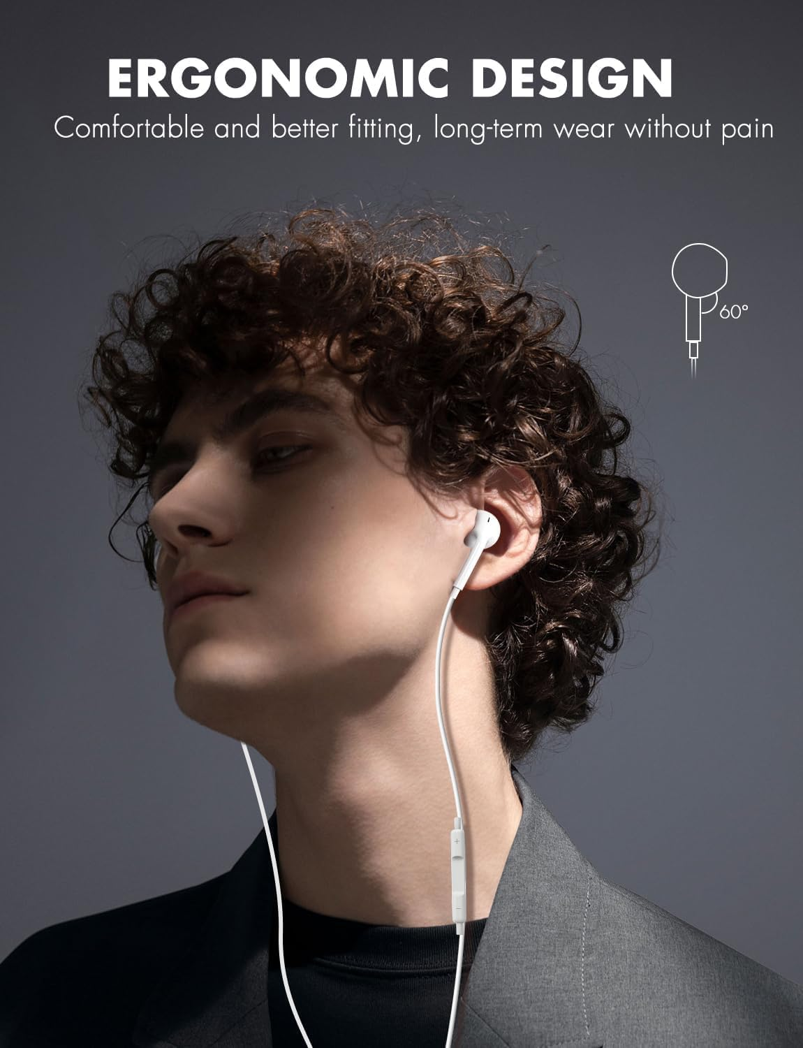 Ein Mann mit grauem Blazer trägt Ohrhörer. Der Text lautet 'ERGONOMISCHES DESIGN'. Das Ohrhörerdiagramm zeigt einen Winkel von 60 Grad.