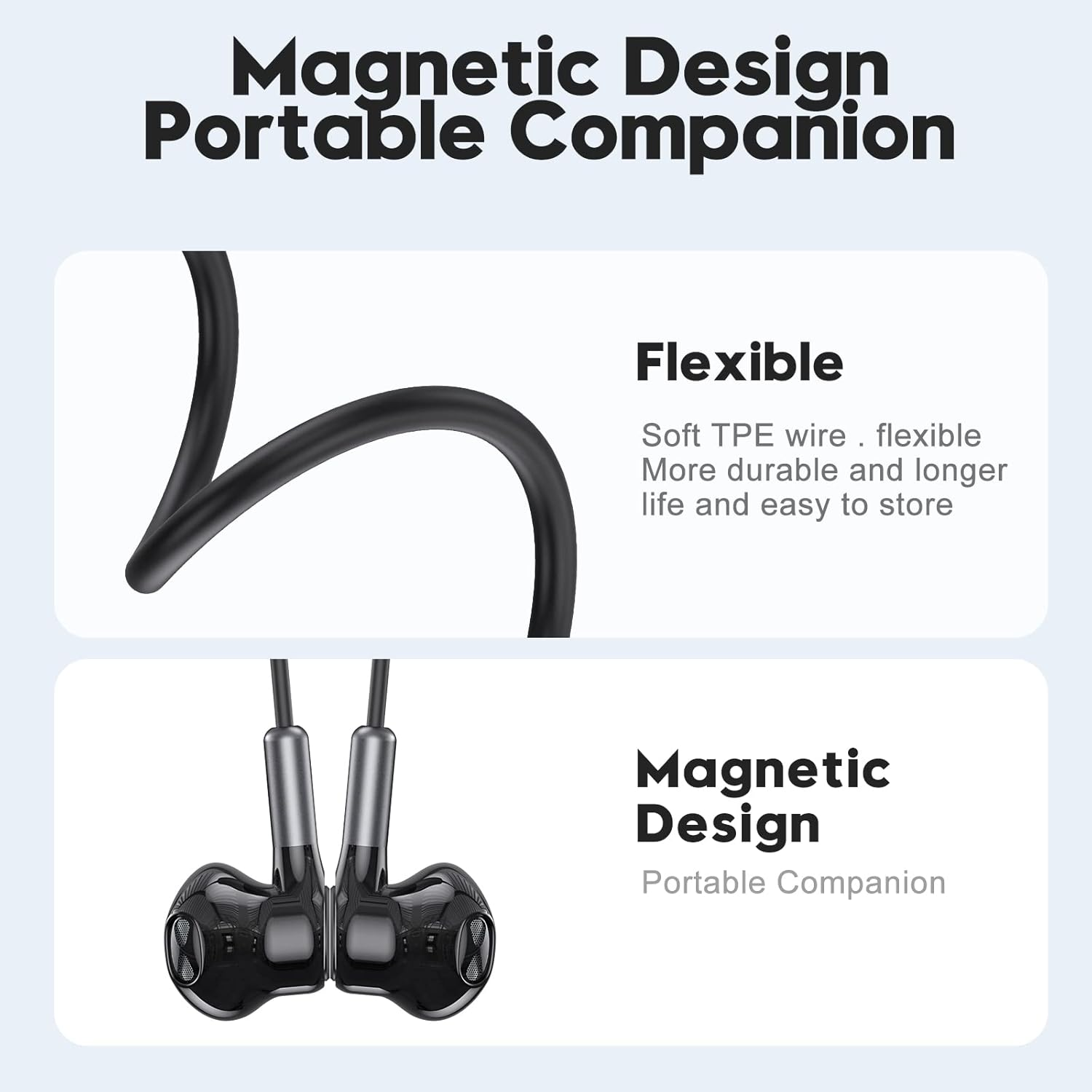 Das Bild zeigt schwarze Kopfhörer, ein gebogenes Kabel und den Text: 'Magnetic Design Portable Companion' und den Text 'Flexible'.