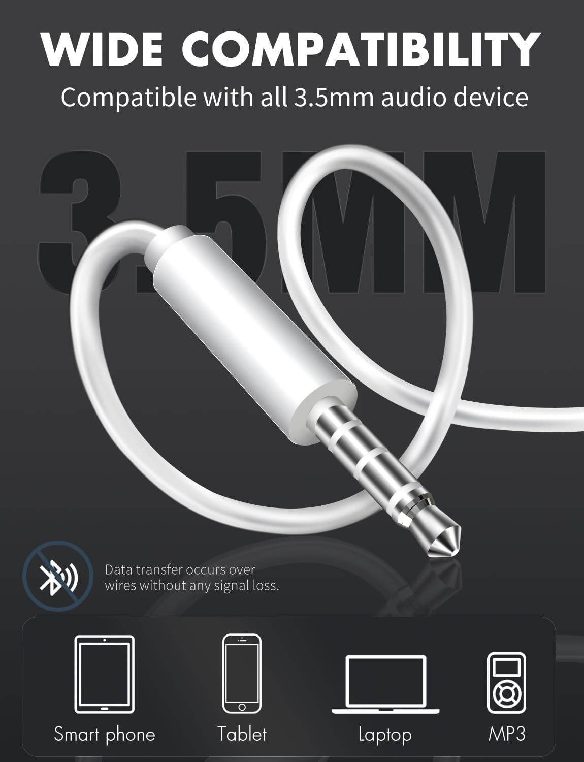 Das Bild zeigt einen 3,5-mm-Audioanschluss mit weißem Kabel, Text 'WIDE COMPATIBILITY' und Symbole für Smartphone, Tablet, Laptop und MP3.