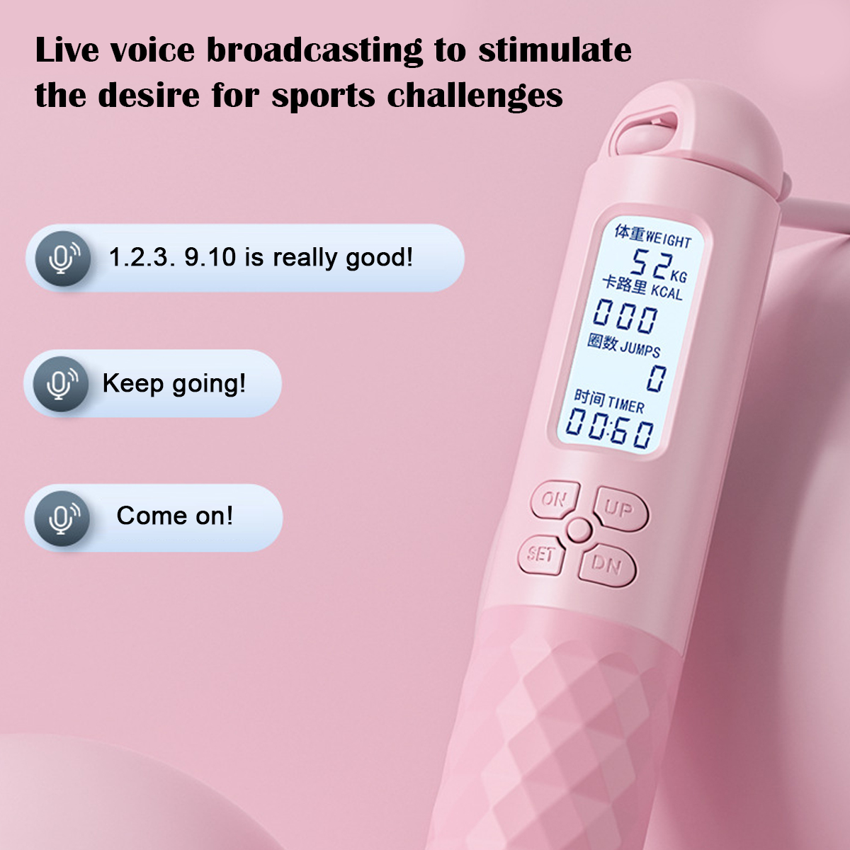 Ein rosa Springseil mit digitaler Anzeige von Gewicht und Timer. Textblasen mit Sätzen wie 'Keep going!'