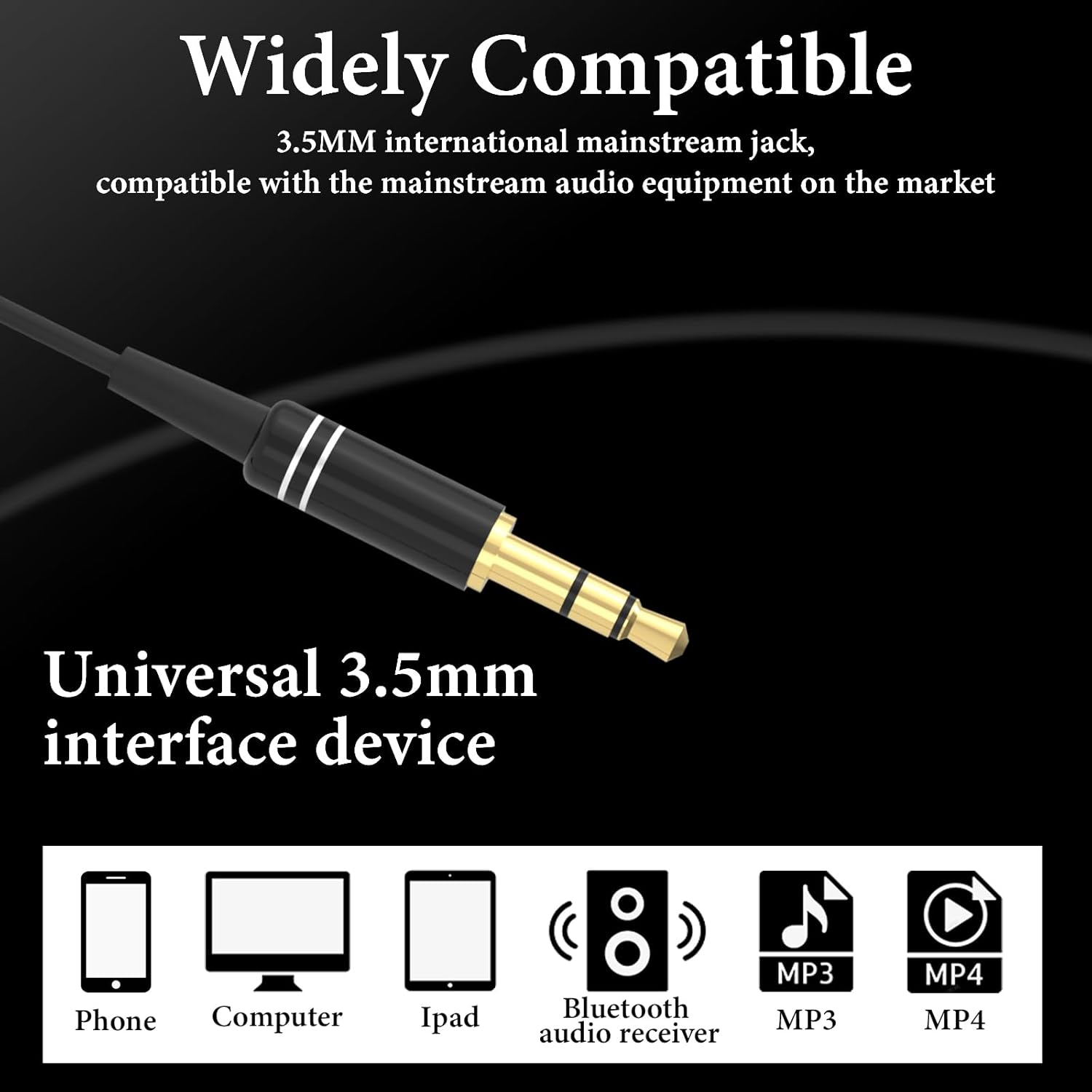 Das Bild zeigt einen 3,5-mm-Audioanschluss mit dem Text 'Widely Compatible'. Unten befinden sich Symbole für Telefon, Computer und Audiogeräte.