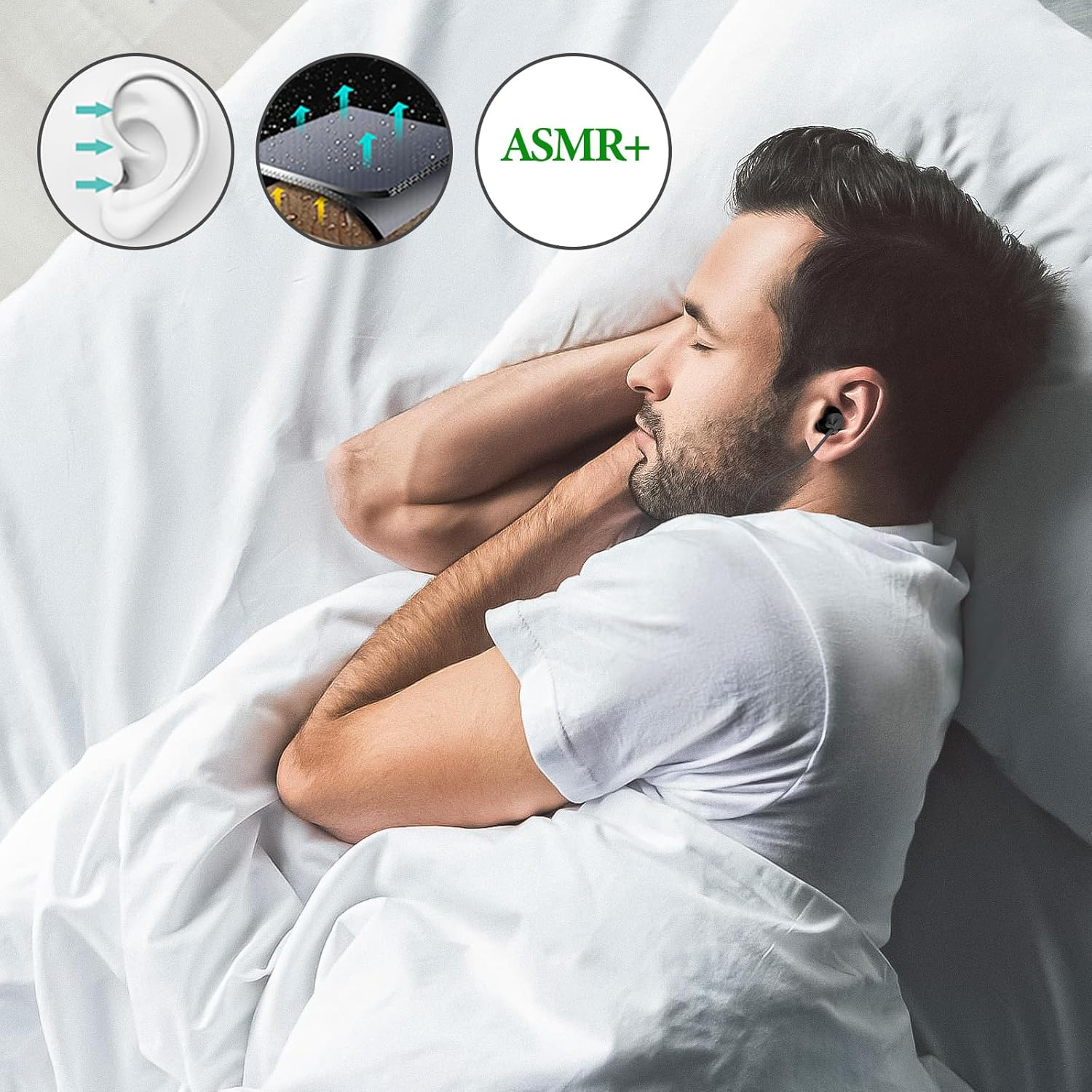 Ein Mann schläft im Bett mit Ohrhörern. Ohrendiagramme und der Text 'ASMR+' sind im Hintergrund.