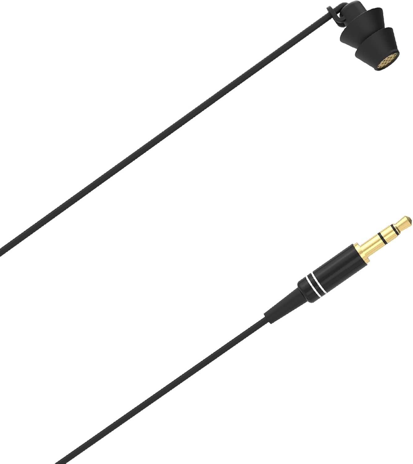 Schwarze In-Ear-Kopfhörer mit 3,5-mm-Klinke. Der Ohrhörer ist abgewinkelt und hat mehrere Silikonspitzen. Das Kabel ist schwarz mit weißen Streifen am Stecker.