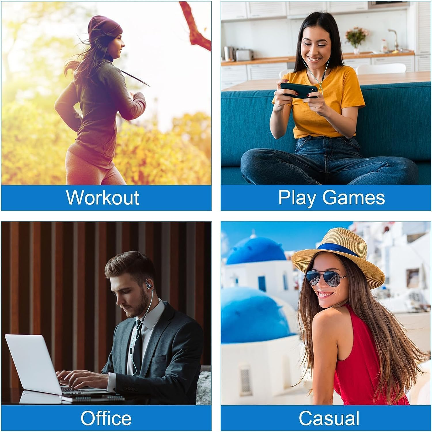 Eine Frau joggt draußen. Eine andere spielt Spiele auf einem Telefon. Ein Mann arbeitet an einem Laptop. Eine Frau lächelt, trägt Sonnenbrille, Hut, rotes Kleid, in der Nähe von blauen Kuppeln.